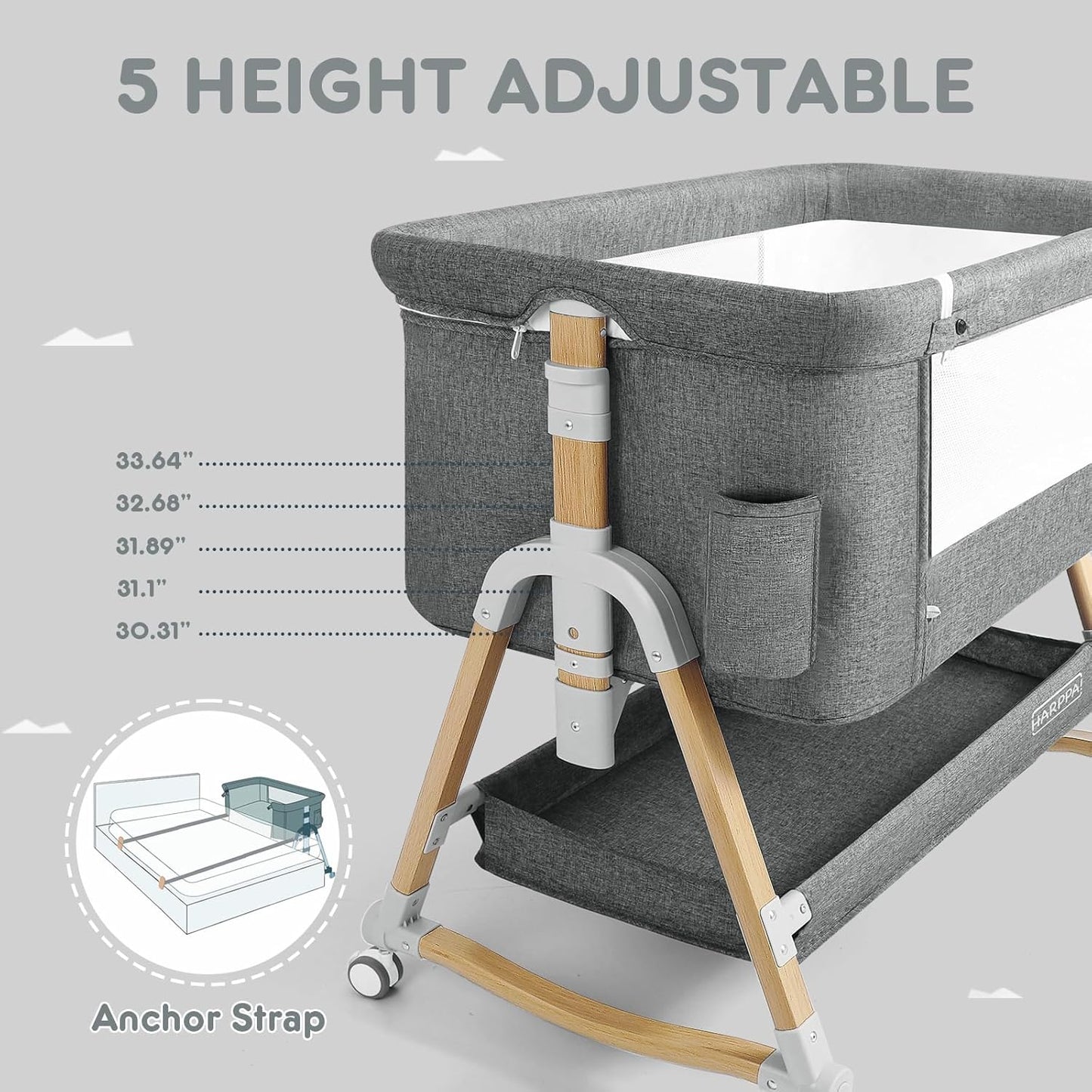 HARPPA Cuddly Bassinet, 3 in 1 Baby Bassinet Bedside Sleeper, Bedside Crib with Mattress and Wheels, Breathable Mesh, 5 Height Adjustable, Anchor Strap (Wood Grain, Grey)