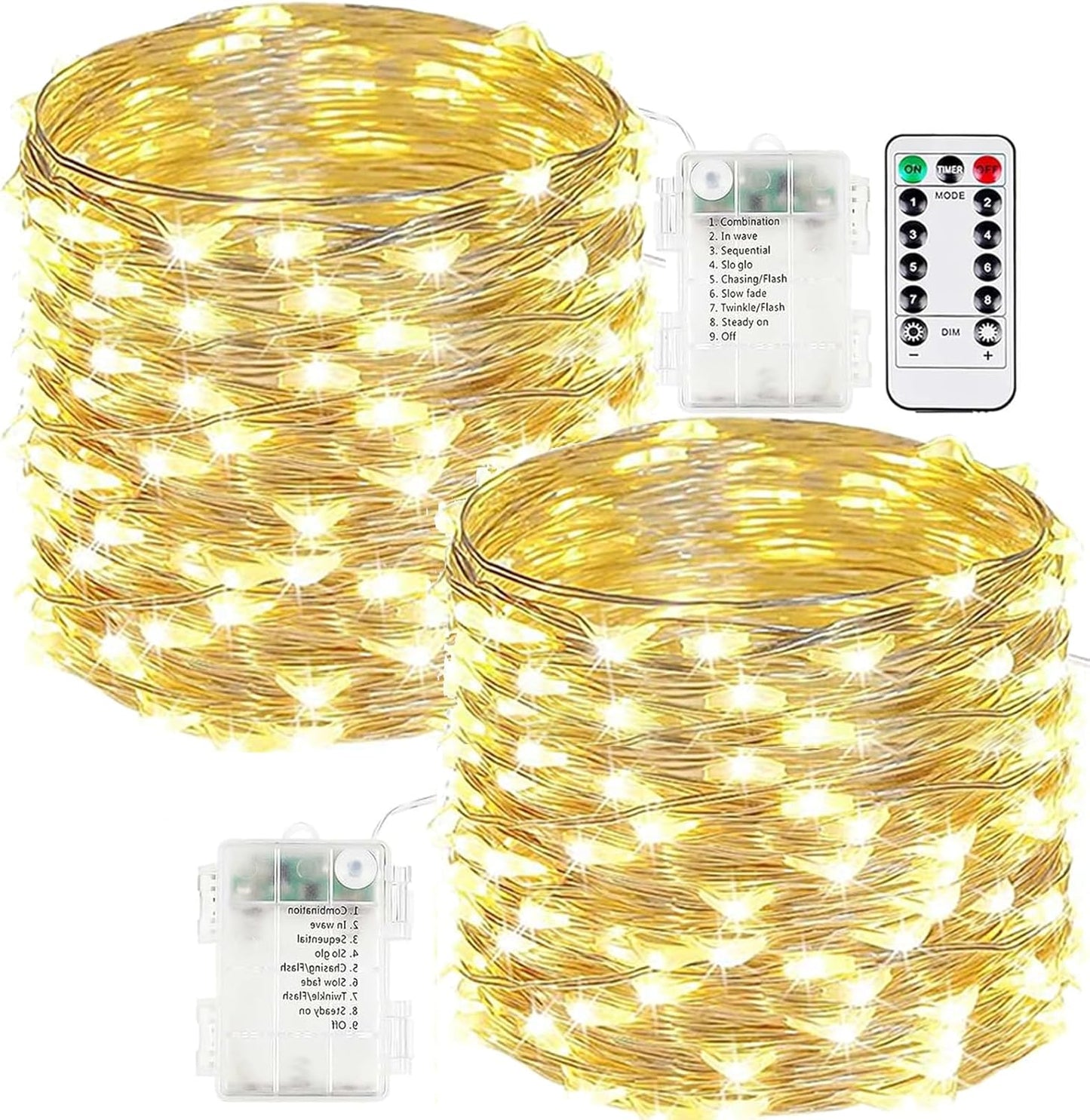 2-Pack Fairy Lights Battery Operated with Remote, Waterproof 66FT 200 LED Battery String Lights Outdoor Indoor, 8 Modes Twinkle Lights with Timer for Bedroom Wedding DIY Christmas Decor (Warm White)