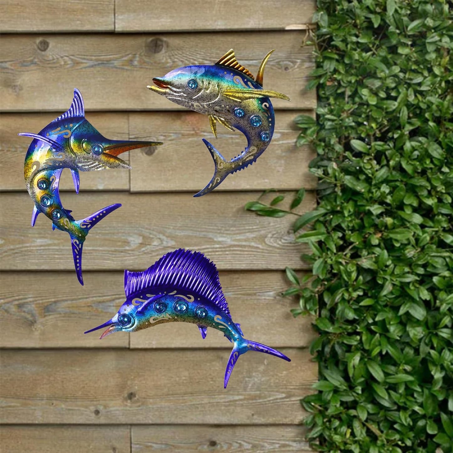 Metal Fish Wall Art Decor, 3-Piece Marlin Tuna Swordfish Set, Blue and Gold Tropical Ocean Theme Outdoor Wall Decor for Patio Garden Yard, Decorative Hanging Sculptures