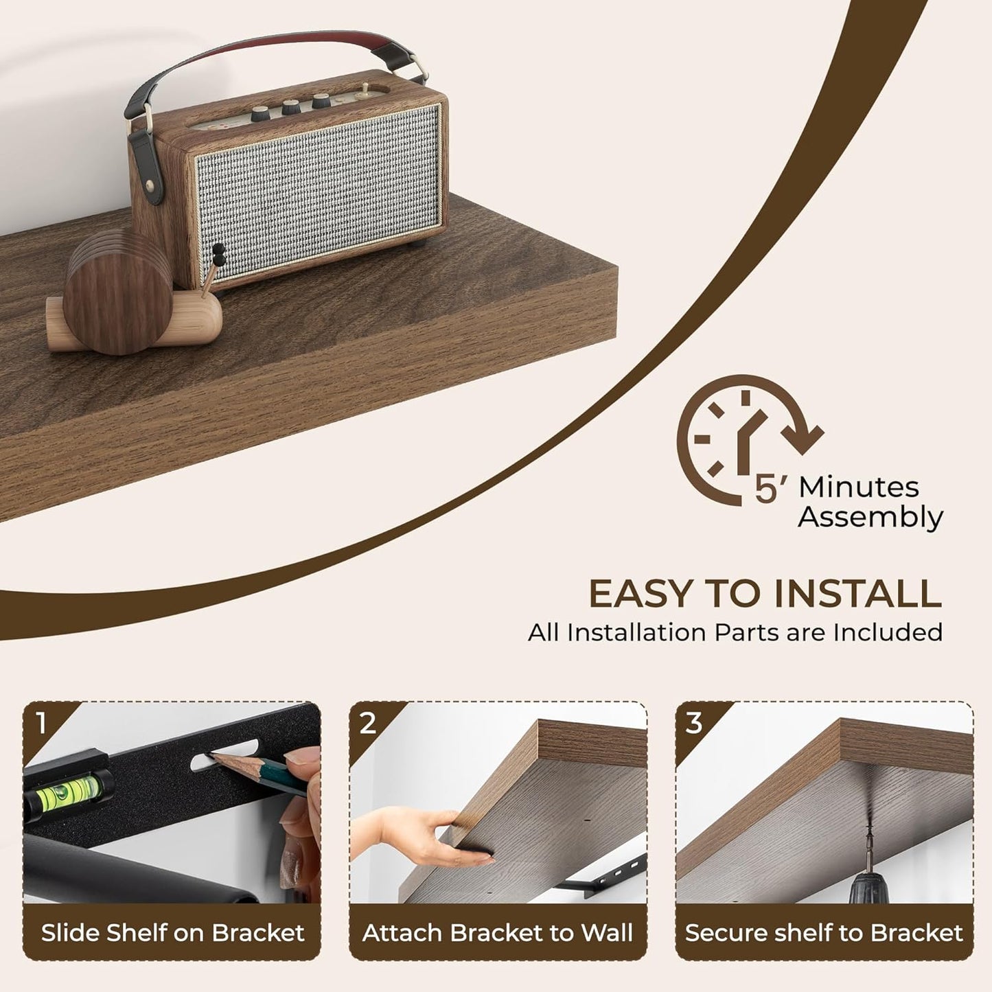 RICHFOCUS 55Inch Floating Shelves for Wall 2 Pack Shelves for Bedroom|Kitchen|Bathroom Wall Mounted Rustic Wood Floating Shelf with Invisible Brackets for Books|Storage|Decor, Walnut