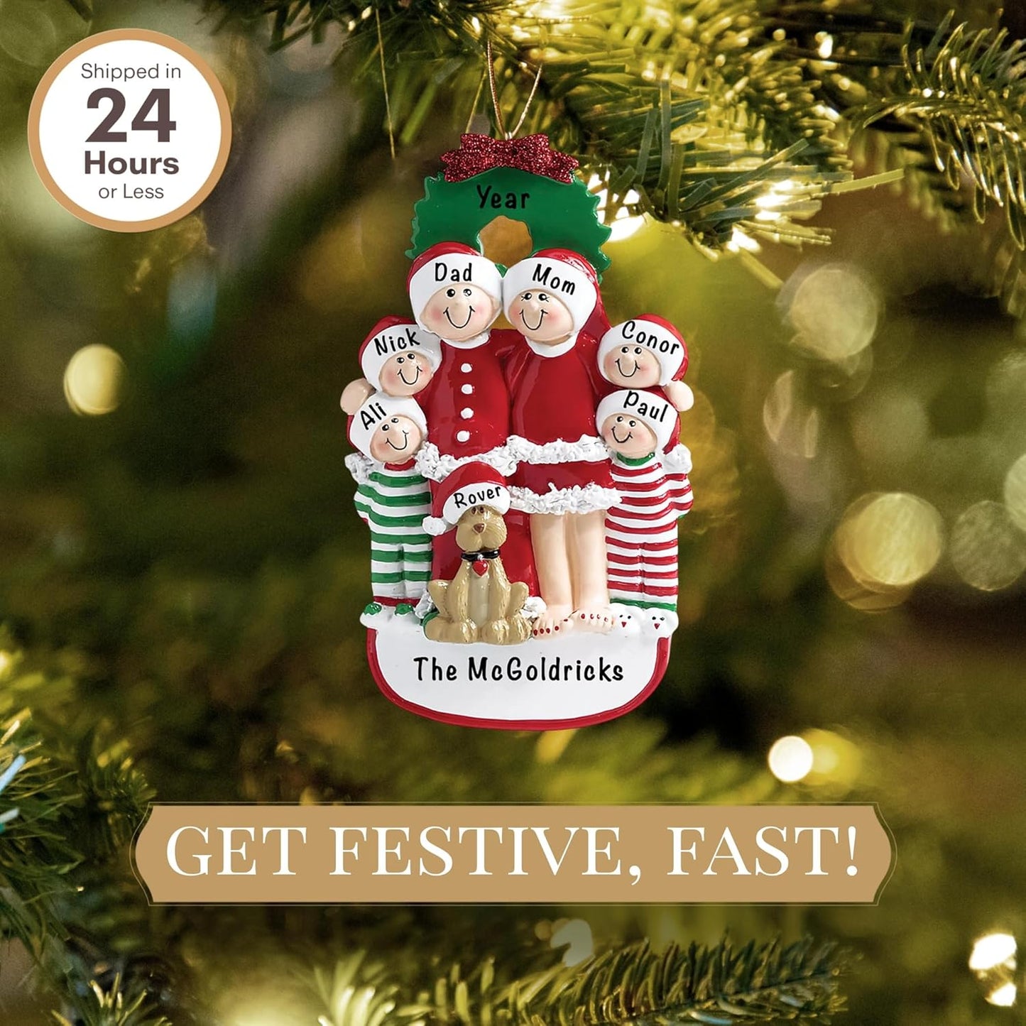 Personalized Family of 6 with Dog Ornament 2025 | Free 24h Customization | Christmas Ornaments for Tree | Custom Gift Wrapped Pet Keepsake for Dog-Lovers