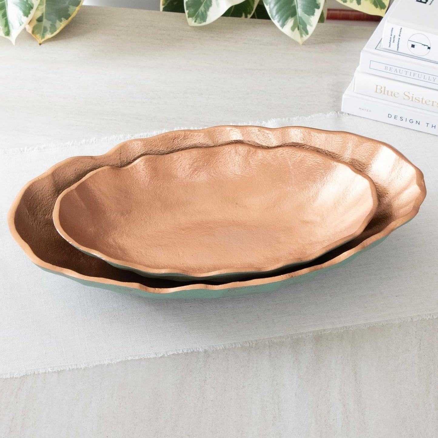 ANDALUCA Set of 2 Turquoise Copper Finish Metal Decorative Oval Bowls for Potpourri, Table Decor