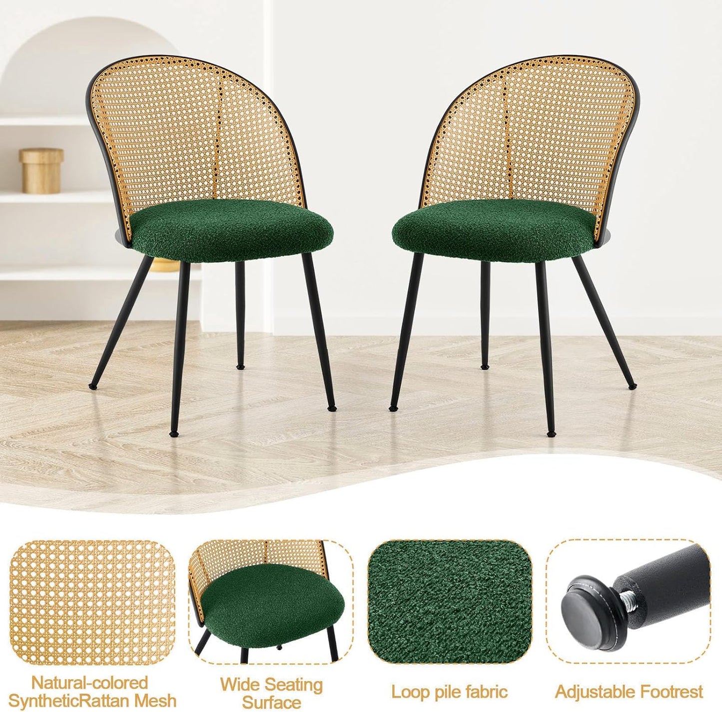 Rattan Dining Chairs Set of 6, Mid-Century Modern Kitchen Dining Room Chairs with Full Cane Backrest Armless Upholstered Farmhouse Boucle Dining Chairs with Metal Leqs for Dining Room, Green