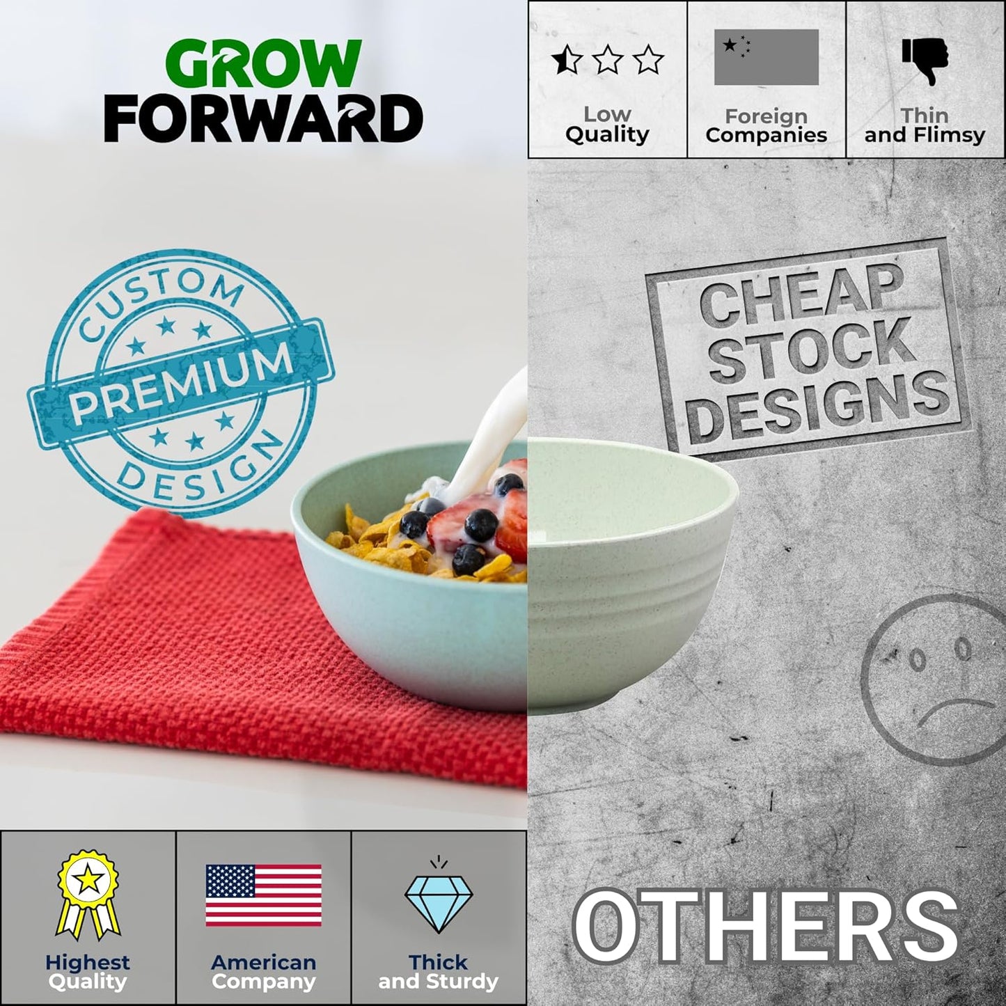 Grow Forward Premium Wheat Straw Bowls - 27oz Microwave Safe Plastic Cereal Bowls Set of 8 for Kitchen, Camping, RV, Dessert, Snack, Soup, Salad, Fruit - Reusable, Unbreakable & BPA Free - Seascape