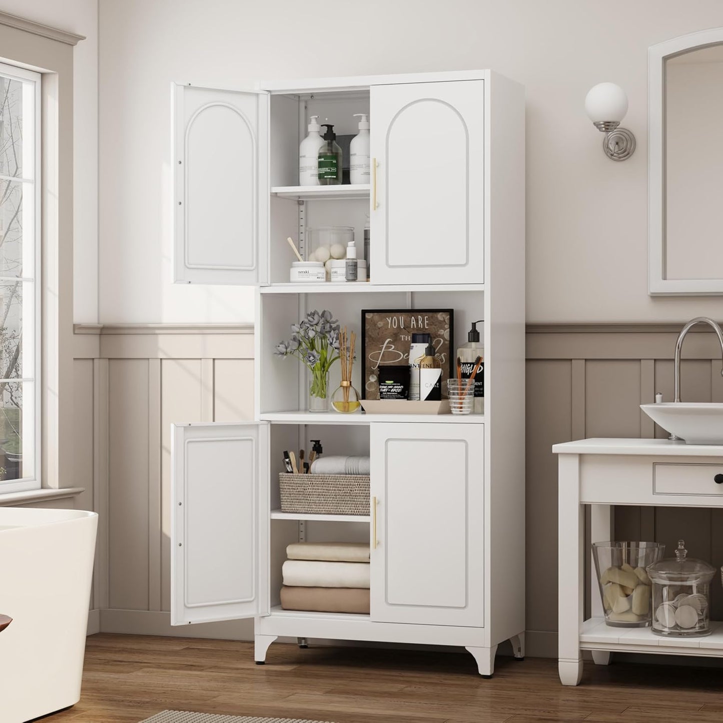 75" Tall Kitchen Pantry Storage Cabinet, Metal Storage Cabinets with 4 Doors and Adjustable Shelves，White Kitchen Hutch Cabinet with Microwave Stand, Large Cupboard for Dining Living Room