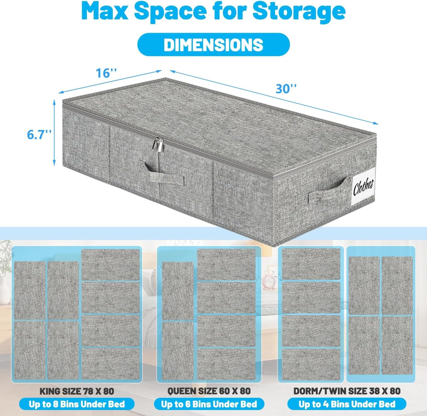 Under Bed Storage Container Bin 3 Pack, Low Profile Foldable Underbed Clothes Storage Organizer W/ Ultra Thick Fabric and Sturdy Bottom/Sides, Dual Zipper Storage Box for Dorm and Home 30x16x6.7"