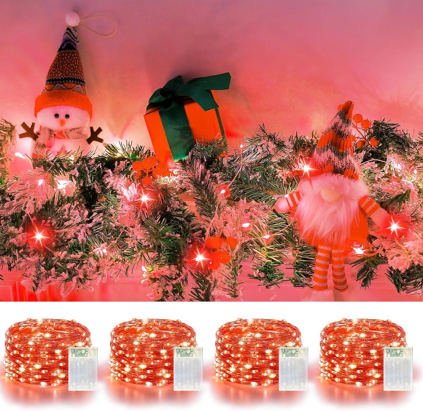 4 Pack 60LED Christmas Fairy Lights Battery Operated - 20FT Twinkle Lights with 2 Lighting Modes Indoor Outdoor, Waterproof Led Fairy String Lights for Bedroom, Wedding, Dorm, DIY Decor, Red