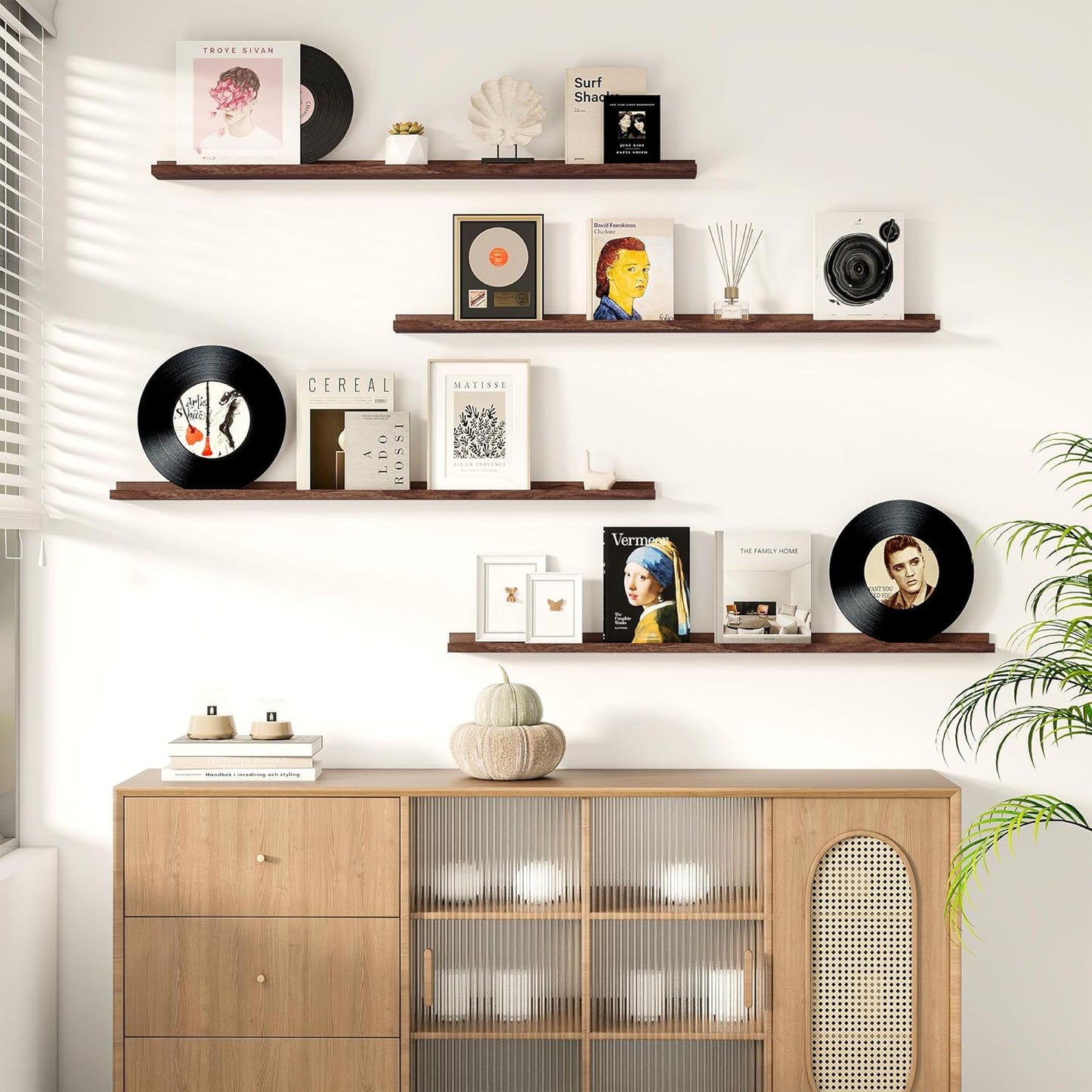 Picture Ledge Shelf for Wall, Floating Shelves Set of 4, 48 Inch Long Nursery Book Shelves for Toys Storage, Kids Bookshelf Wall Mounted for Books Photo Frames, Walnut