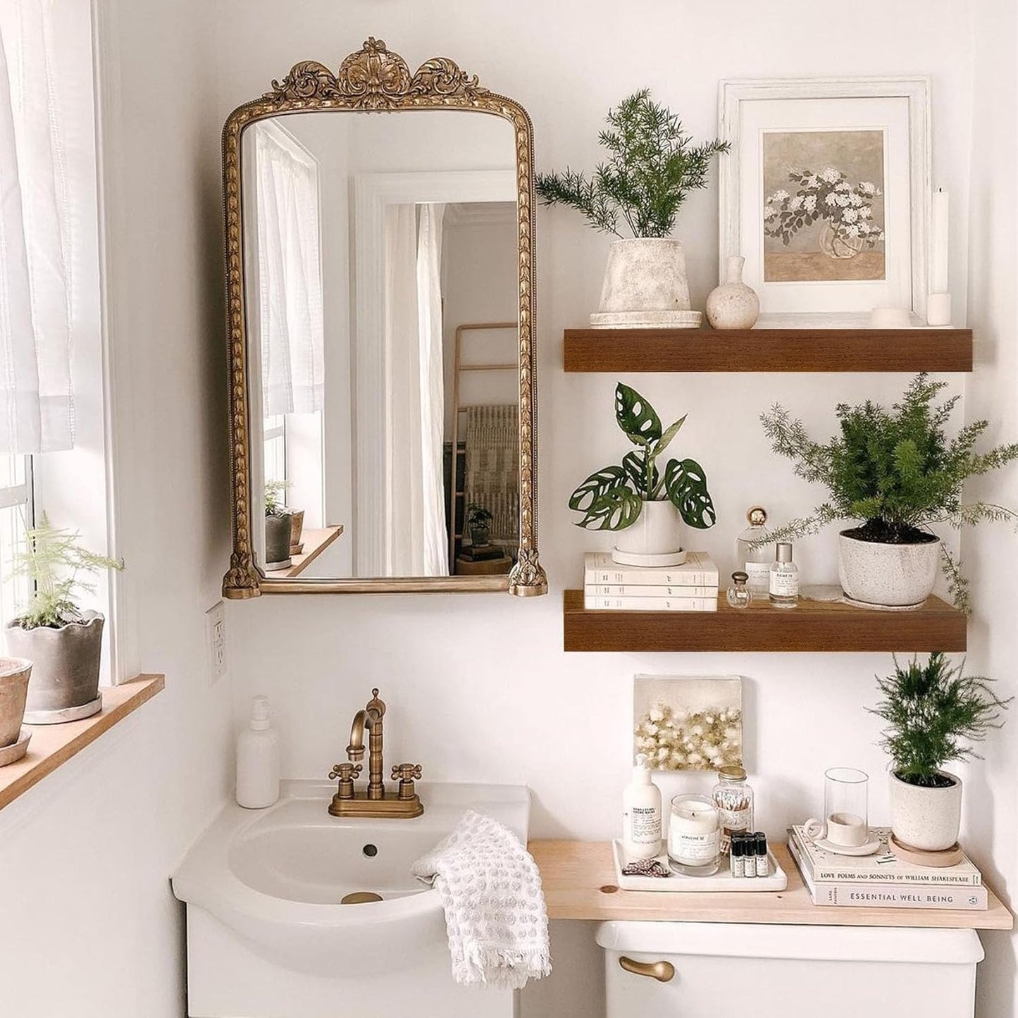 IAE Walnut Floating Wall Shelves 16 inch, Bathroom Shelves Wall Mounted,Invisible Shelf Floating Kitchen Shelves,Wooden Wall Shelving with Brackets for Living Room Wall Mounted,Easy Install,Set of 2