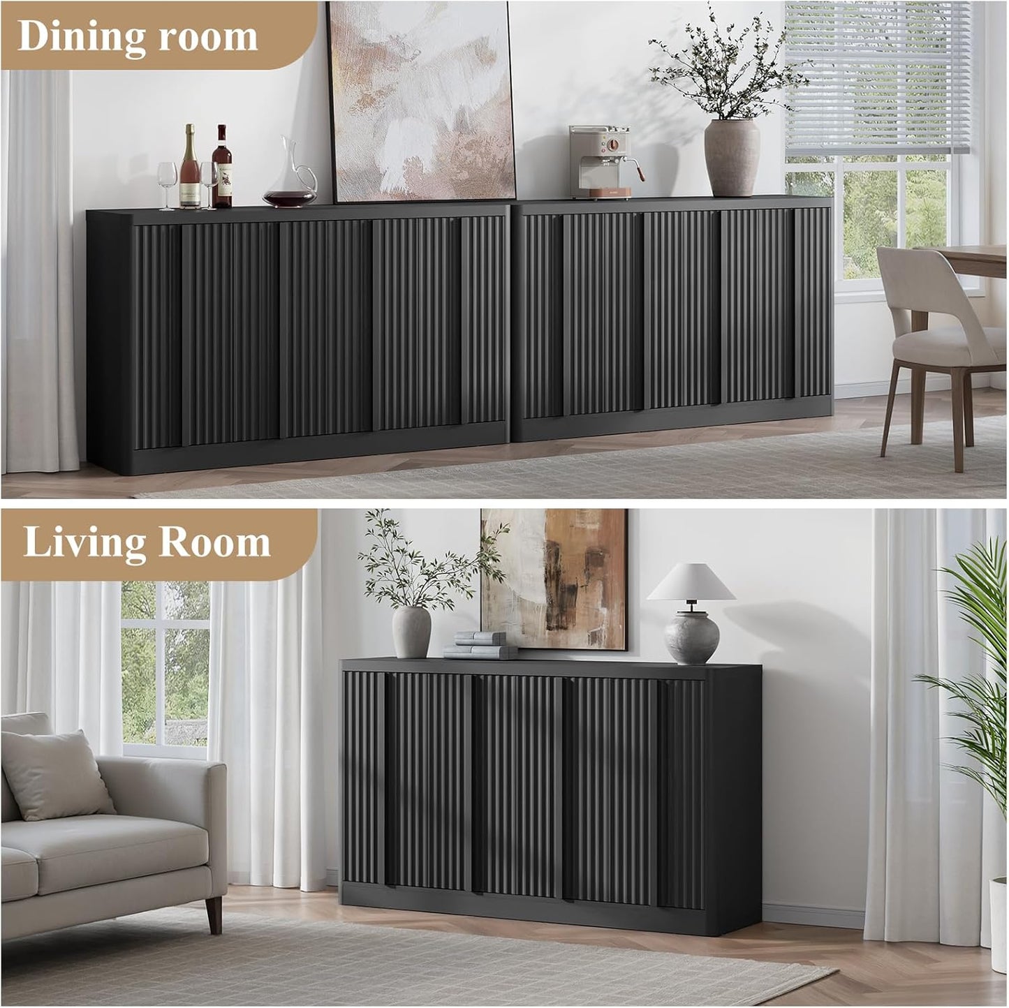 Fluted Buffet Cabinet with Storage, 120" Sideboard Buffet Storage Cabinet with 8 Doors & Adjustable Shelves, Coffee Bar Wood Credenza Cabinet for Kitchen, Dining Room, Living Room, Black(2PCS)
