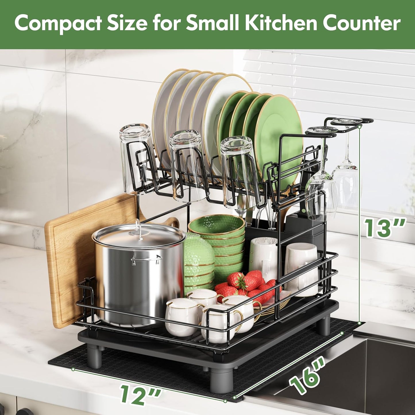 2 Tier Black Large Stainless Steel Dish Drainers Drying Rack for Kitchen Counter with Drainboard, Rust Proof Metal, Space Saving, Modern Aesthetic, Compact Plates Strainers with Extra Mat