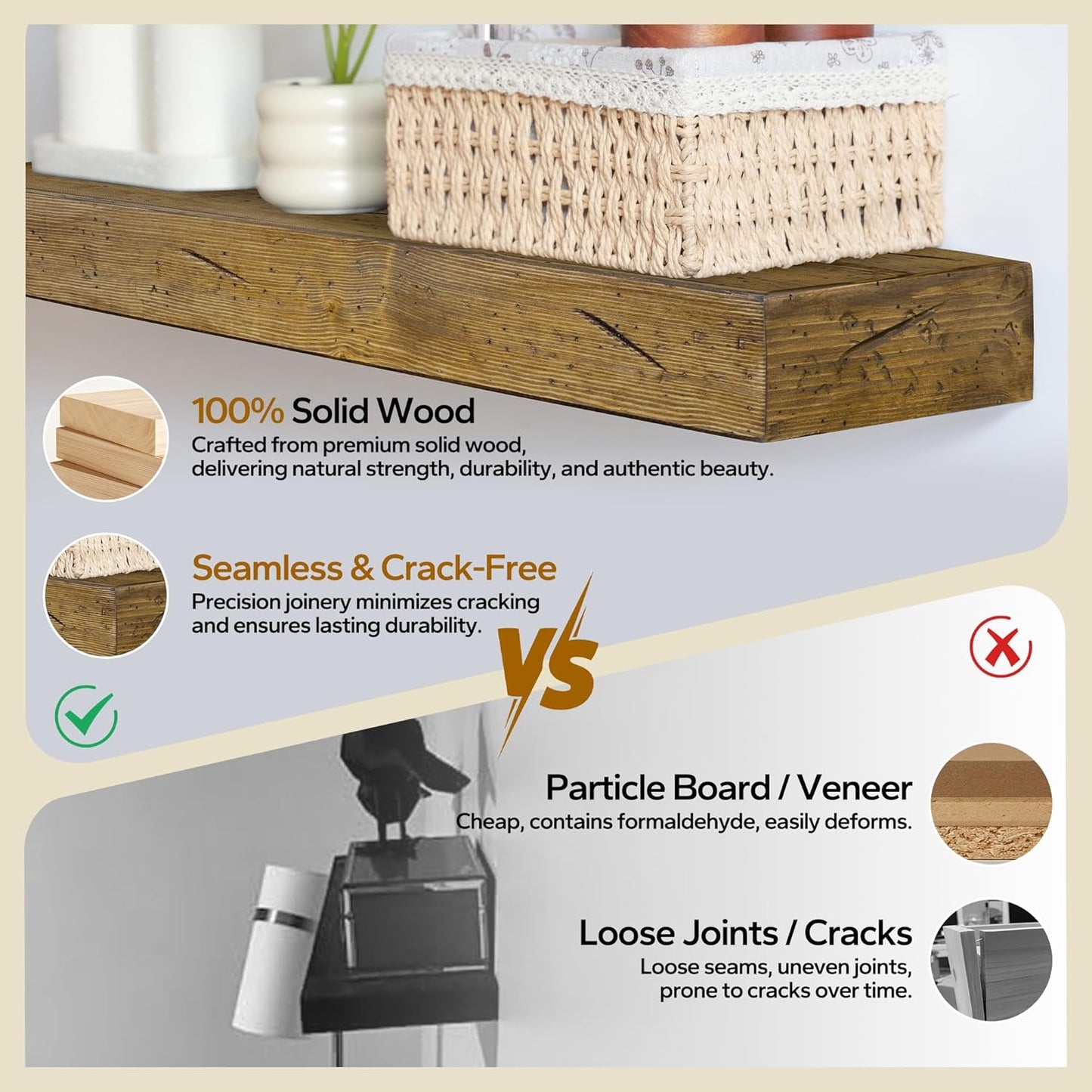 Floating Shelves 3 inch Thick for Wall Set of 2,Solid Pine Wood Wall Mount Shelf for Kitchen Living Room Bedroom Bathroom,8" D x 60" L x 3" H-Distressed Black Walnut