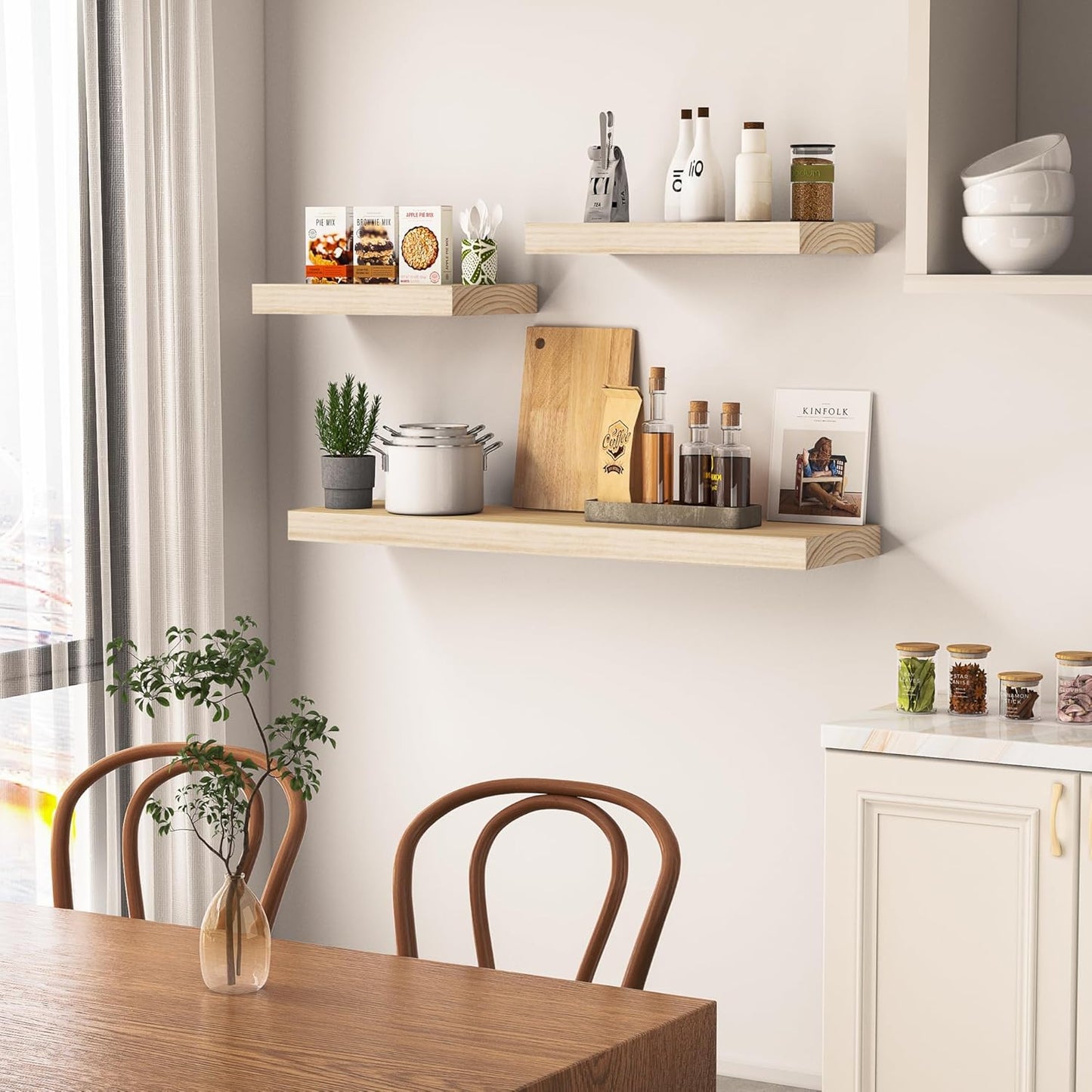 Light Wood Floating Shelves 48 Inch, 8 in Deep Single Book Shelf Floating for Wall Mounted, Heavy Duty Shelf Hold 100 lbs, Unfinished Wall Shelves for Bathroom, Living Room, Kitchen, Bedroom, Office