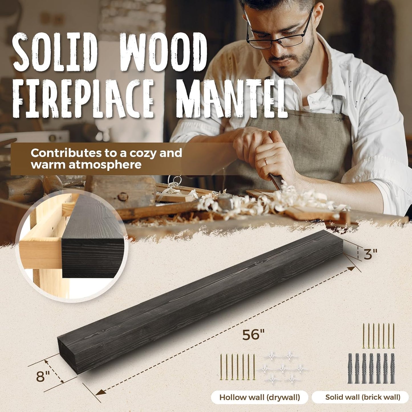 56x8x3 Fireplace Mantel - Handcrafted Hollow Rustic Solid Wood Wall Mounted Floating Shelf with Invisible Heavy Duty Wood Bracket (Weathered Black)