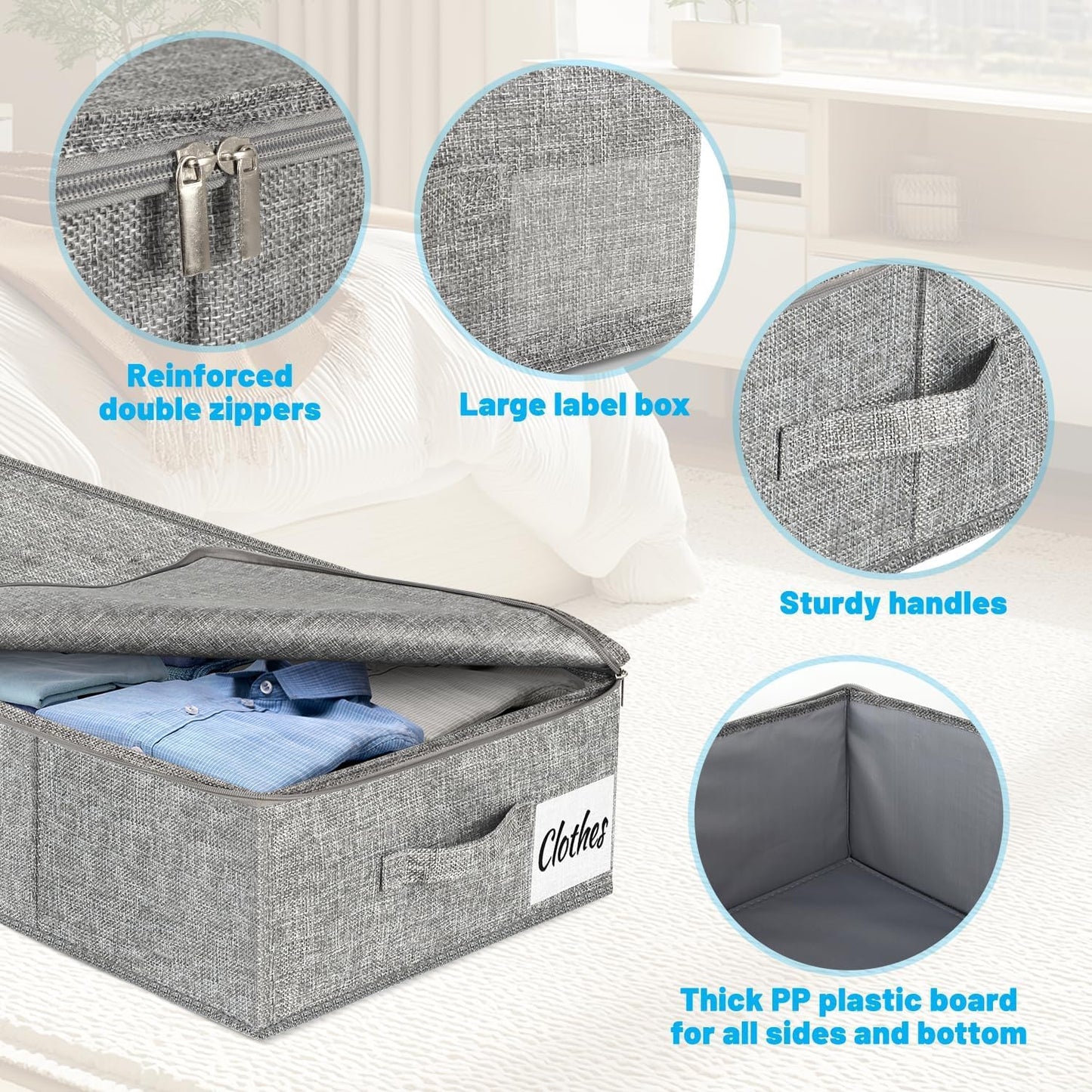 Under Bed Storage Container Bins 2 Pack, Low Profile Foldable Underbed Clothes Storage Organizer W/ Ultra Thick Fabric and Sturdy Bottom/Sides, Dual Zipper Storage Box for Dorm and Home 30x16x6.7"