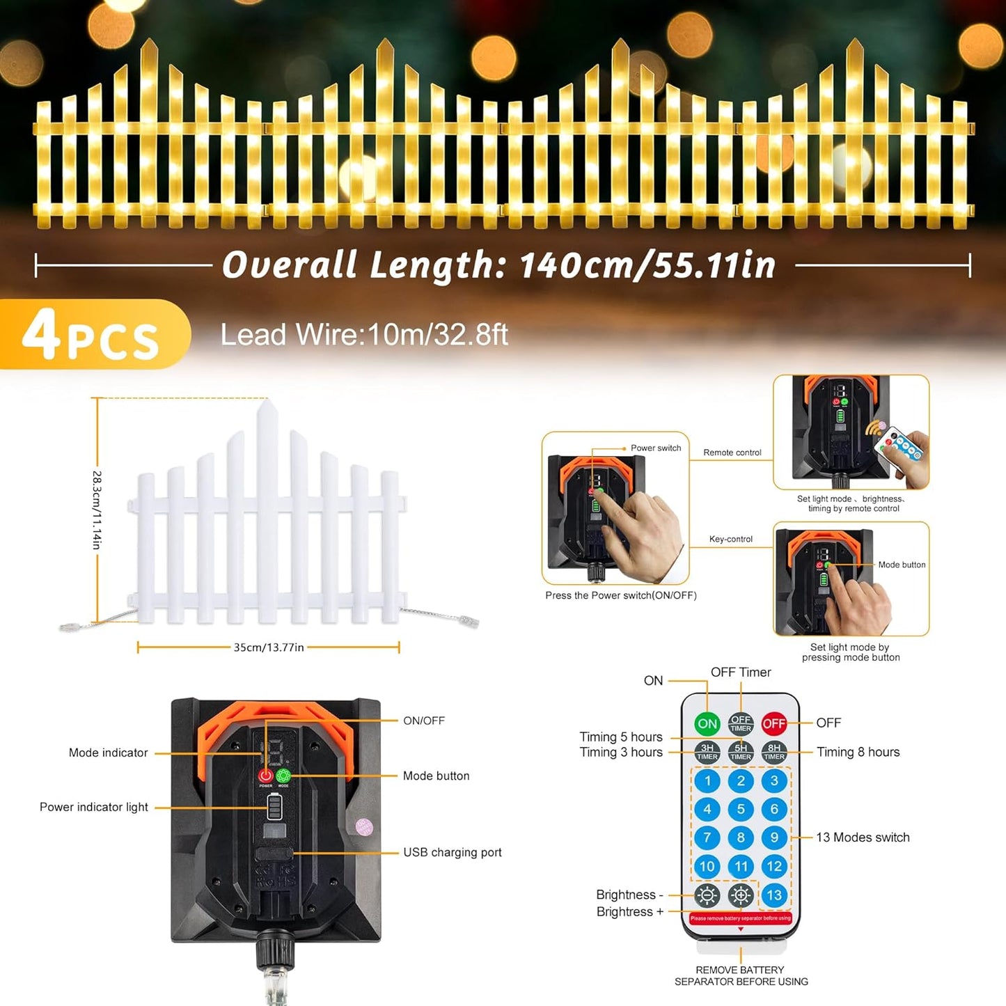 Hopolon 4 Pack Solar Garden Lights Outdoor, 11.1in (H) X 4.6ft (L) 144 Led White Picket Fence Border Solar Powered with Remote, Decorative Christmas Lights for Tree Yard Pet Barrier