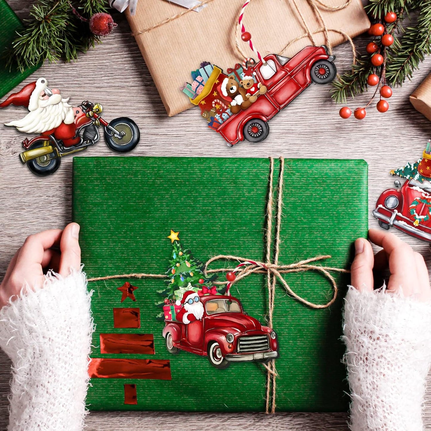 Wooden Christmas Truck Ornaments Red Truck Wooden Hanging Ornaments Wooden Car Crafts with Bead Farmhouse Hanging Decor for Xmas Tree Decoration Holiday Parties Craft Supplies 24 Pieces