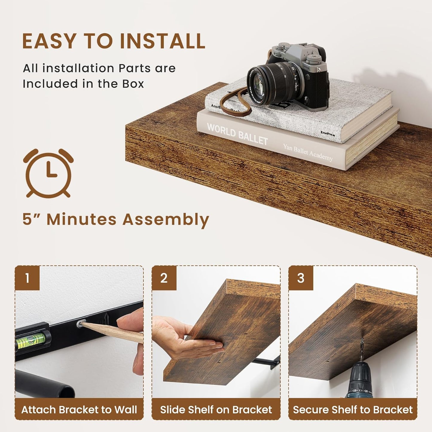 fuqing Floating Shelves for Wall, Bathroom Shelf Wall Mounted for Storage, Shelves with Invisible Bracket for Bedroom, Kitchen, Living Room, Farmhouse Small Book Shelf, 32 Inch Set of 2, Rustic Brown