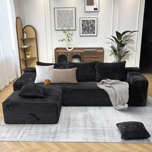 104" Modern Modular L-Shape Sofa Couch with Chaise Black Faux Rabbit Fur Cloud Sectional Couch with Deep Seat Modular Sectional Sofa No Assembly Required Upholstered Couches for Living Room Bedroom