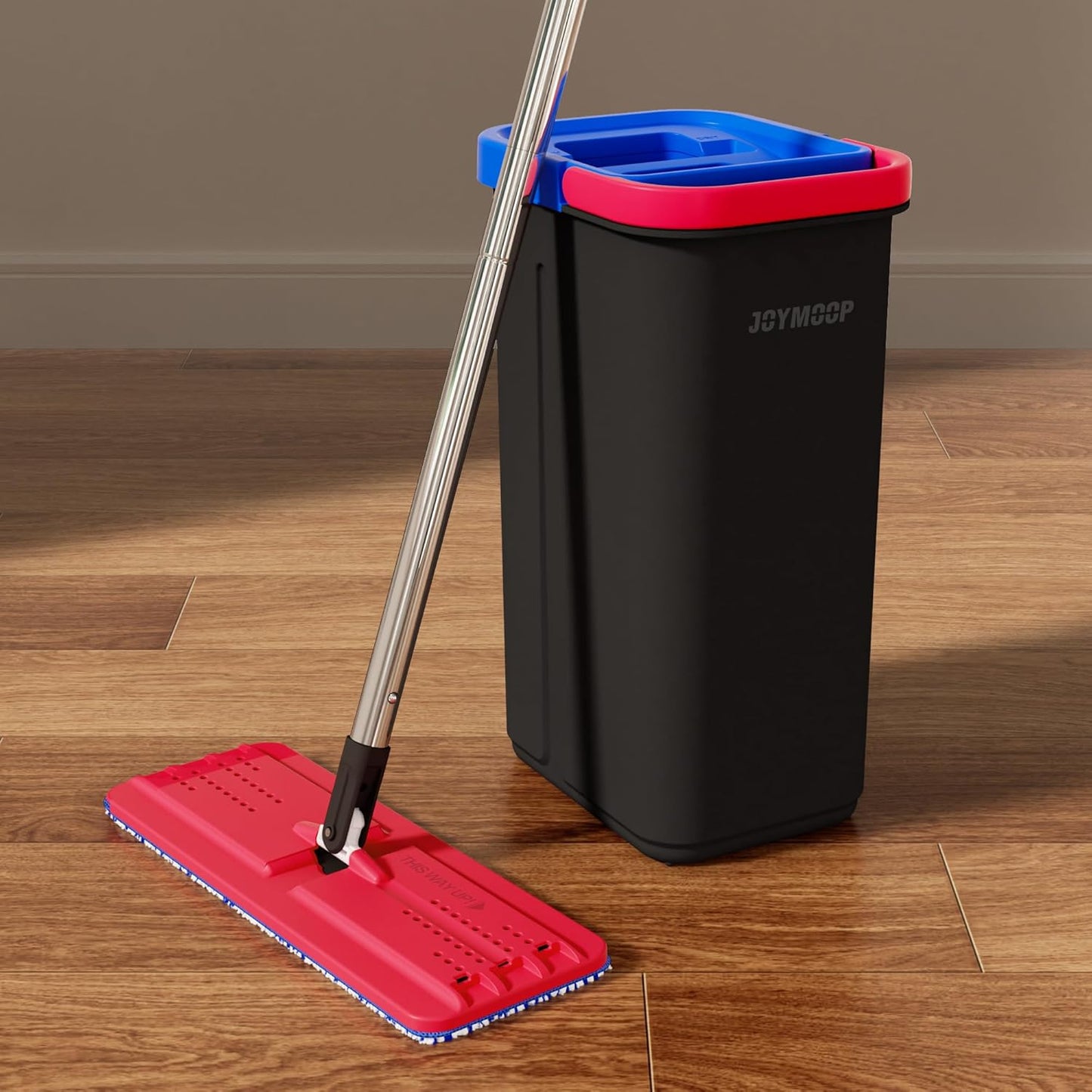 JOYMOOP Mop and Bucket Set for Home, Hands-Free Self-Cleaning System, with 3 Reusable Microfiber Mop Pads, Suitable for Floor Cleaning and Wall Cleaner - Black+Red+Slate Blue