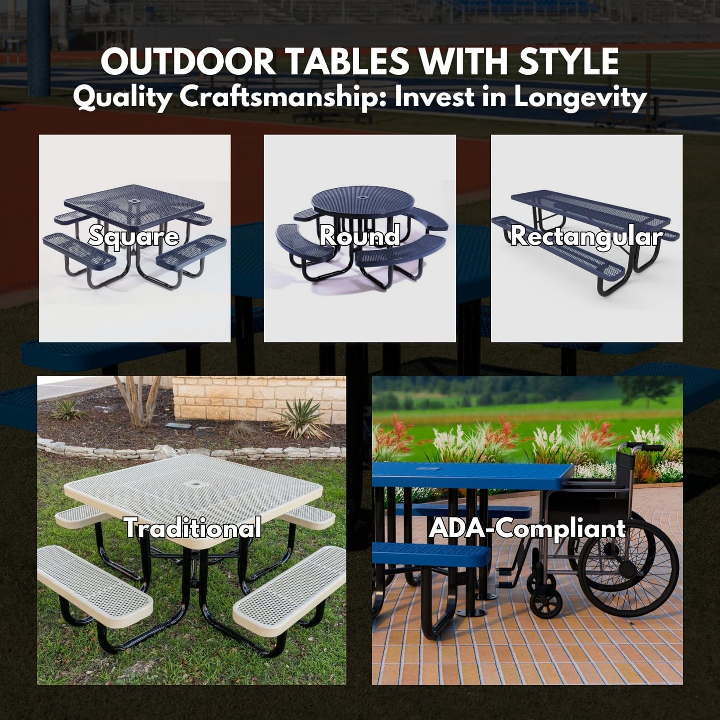 Heavy-Duty Portable Outdoor Picnic Table with Umbrella Hole, Punched Steel Commercial-Grade Patio Dining Furniture Made in America (46" Round Top, Purple)