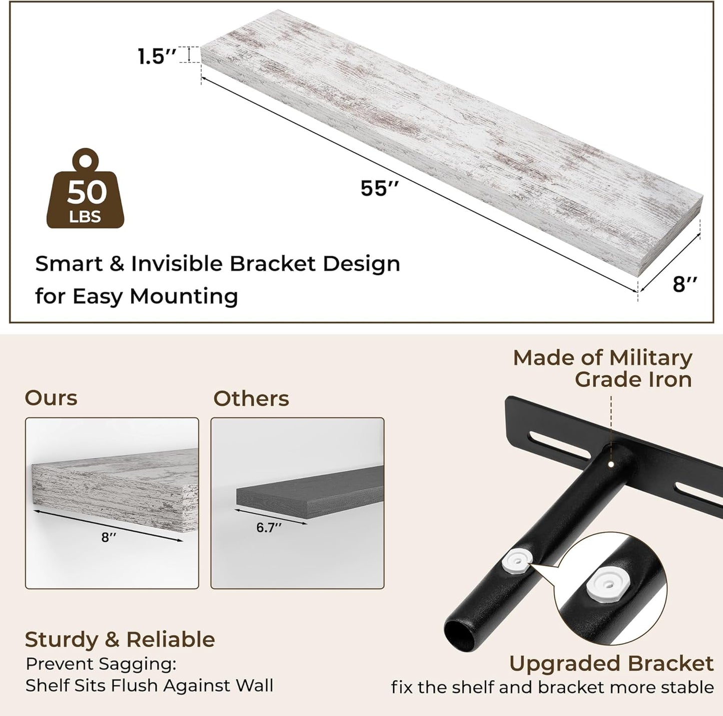 RICHFOCUS 55Inch Floating Shelves for Wall 2 Pack Shelves for Bedroom|Kitchen|Bathroom Wall Mounted Rustic Distressed Wood Floating Shelf with Invisible Brackets for Books|Storage|Decor, Rustic