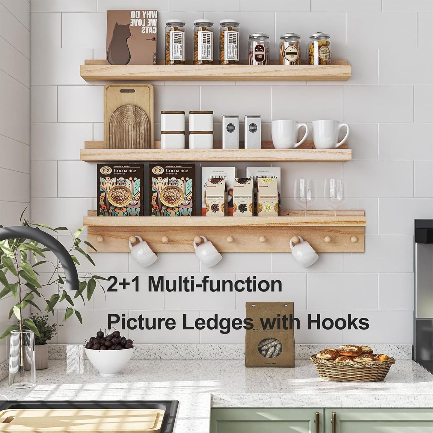 MBYD Wood Wall Shelf With Hooks Floating Shelves for Wall Bathroom Shelves Wall Mounted Nursery Floating Bookshelf for Kids Room Toy Storage Shelf for Bedroom Picture Frames Kitchen (Natural, 36 Inch)