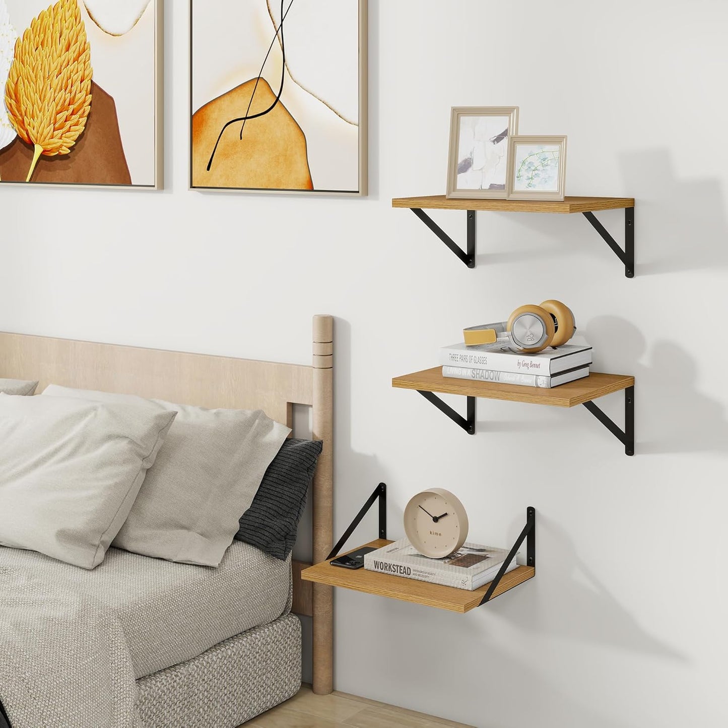 Heimlove Deep Floating Shelves for Wall, 12 Inch Deep Floating Shelves Set of 3, 16W x 12D Wood Wall Shelves, Wide Wood Shelves with Metal Bracket for Living Room, Kitchen, Office, Bedroom - Oak