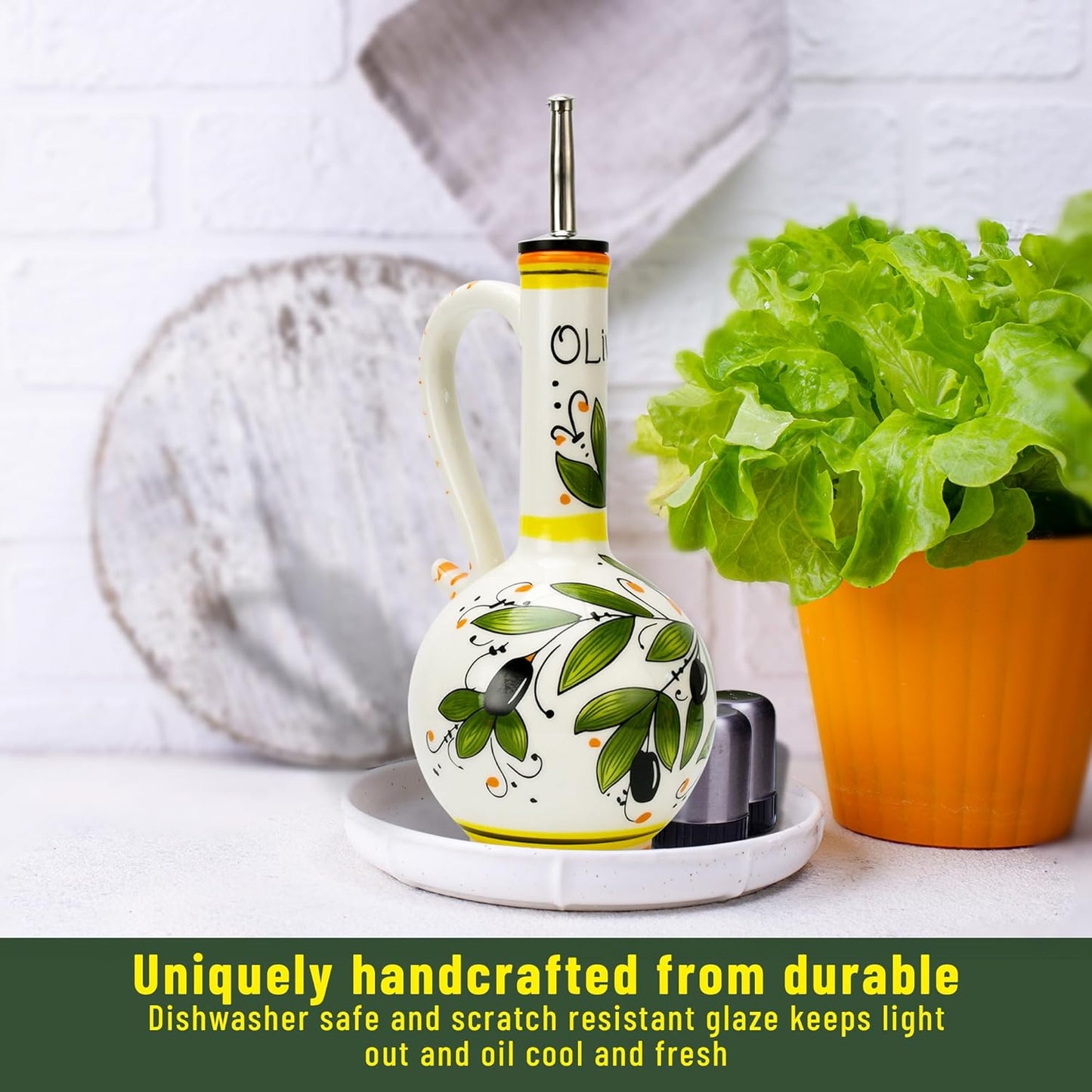 Hand-Painted Ceramic Olive Oil Dispenser Bottle – 15oz Decorative Stoneware Cruet with Stainless Steel Spout for Oil, Vinegar, Syrups, and Sauces