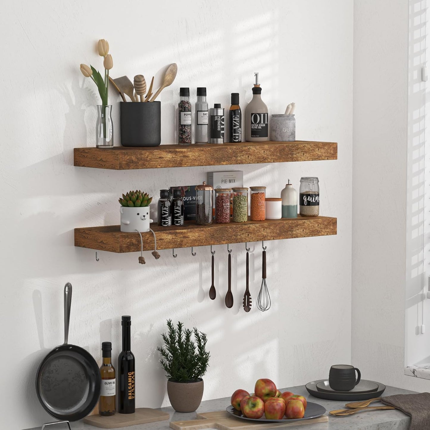 Floating Shelves - 2 Pack 9 Inch Rustic Wooden Wall Shelves - Extra Deeper & Thicker Wall Mounted Storage Shelf for Living Room, Kitchen, Farmhouse - 24" W x 9" D x 1.6" H - Rustic Brown