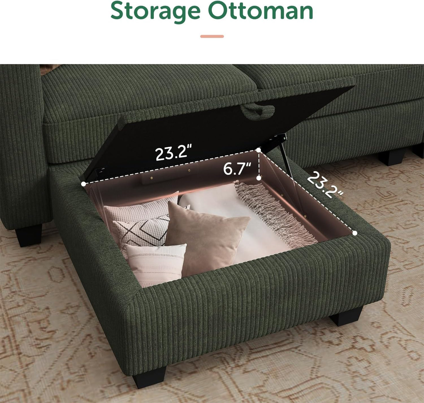 HONBAY Corduroy Sectional Couch with Storage U Shaped Sectional Sofa Modular Sectional Couches for Living Room, Green