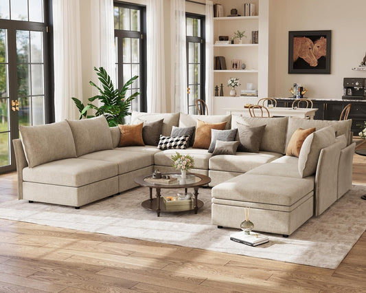 134.6" Modular Sectional Sofa, U Shaped Couch Set for Living Room, Large 8-Seater Comfy Cloud Couches with Movable Storage Ottoman,DIY Combination - Chenille Beige