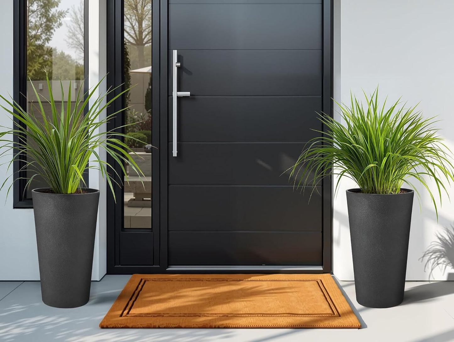 24" Tall Planters for Outdoor Plants, Set of 2 Heavy-Duty Resin Flower Pots, Matte Black Leather Grain Finish, Durable & Weather-Resistant, Ideal for Garden, Patio, Yard, Porch, or Home Use