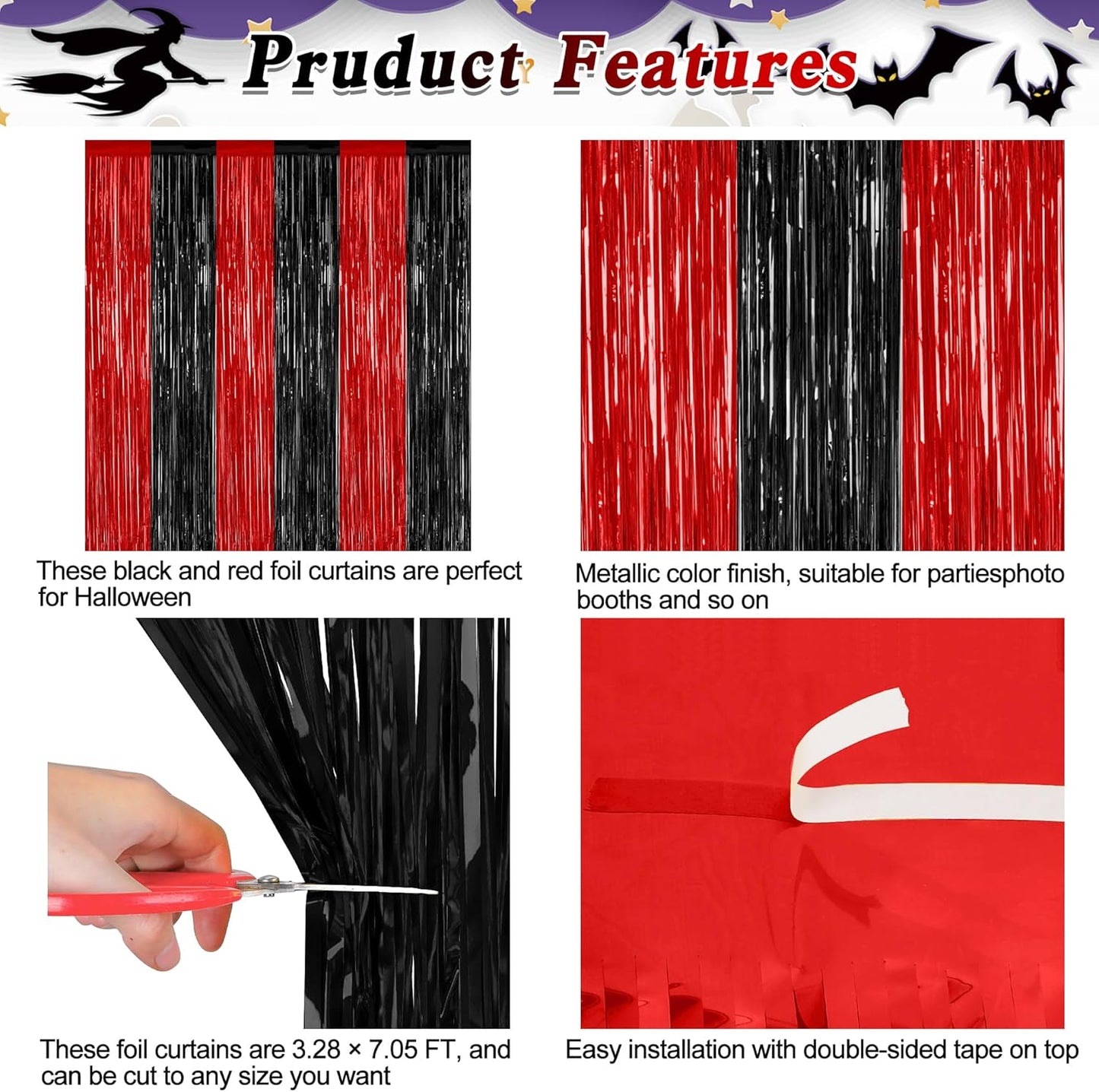 2 Pack Backdrop Curtains, 3.28 FT x 7.05 FT Black and Red Party Decor, Metallic Party Streamer Tinsel Foil Fringe Curtains, Foil Curtains Backdrop Halloween Decorations Party Supplies