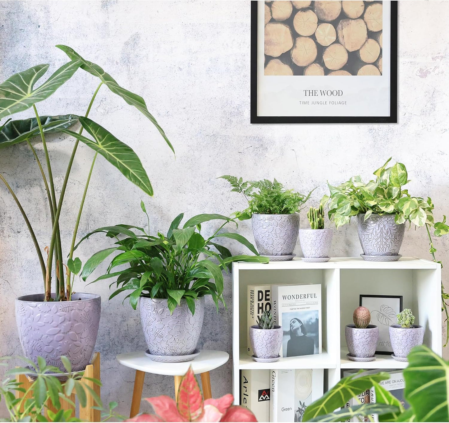 4 Inch Retro Ceramic Planter Set of 4 with Drainage Hole and Saucer for Plants, Indoor-Outdoor Small Garden Pots for Succulent, Herb and Flower (Fits Inner Pots Up to 3 Inch, Retro Purple)