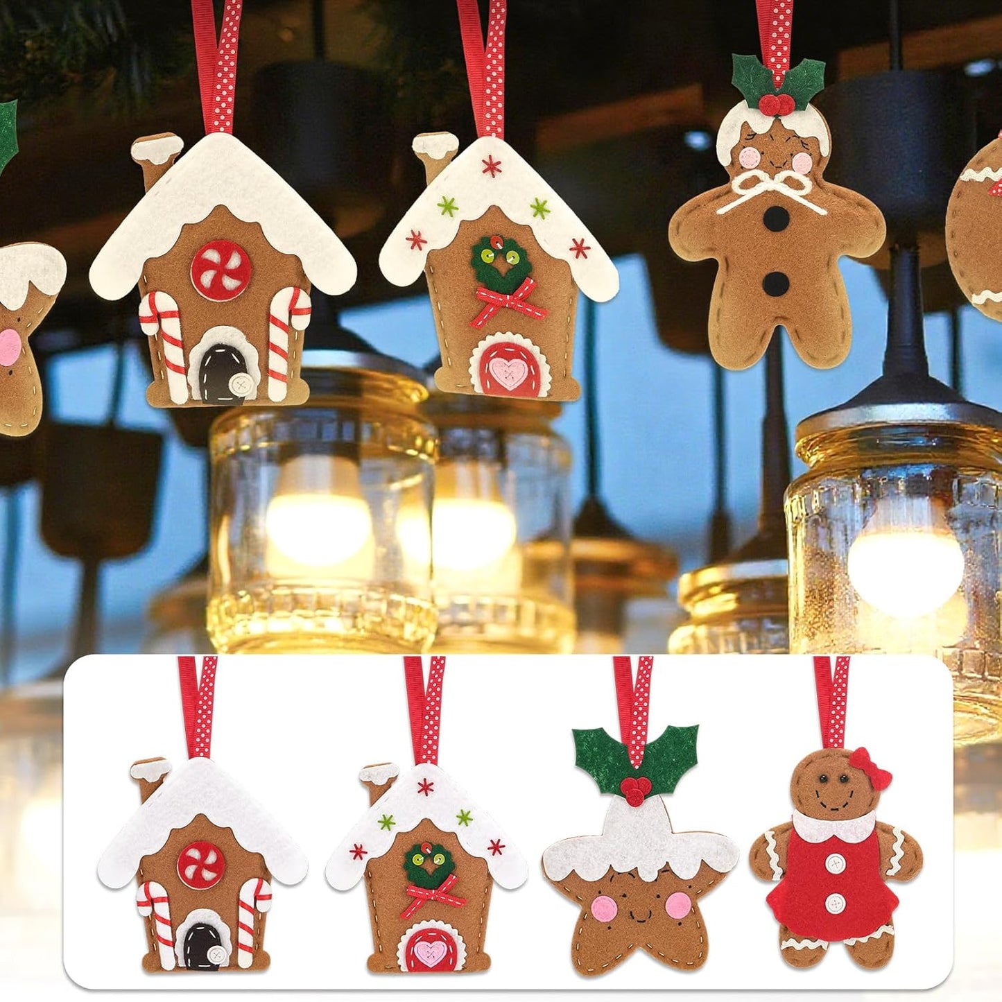 Skylety 8 Pieces 3D Christmas Tree Ornaments Set Felt Santa Snowman Candy Cane Ornament, Stocking, Gnome Decoration(Gingerbread)