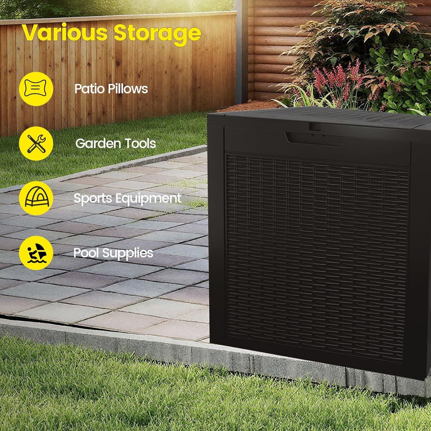 31 Gallon Outdoor Storage Box - Waterproof Resin Rattan Deck Bin for Indoor & Outdoor Use - Lockable & UV Resistant - Ideal for Package Delivery, Patio Cushions & Gardening Tools, Black