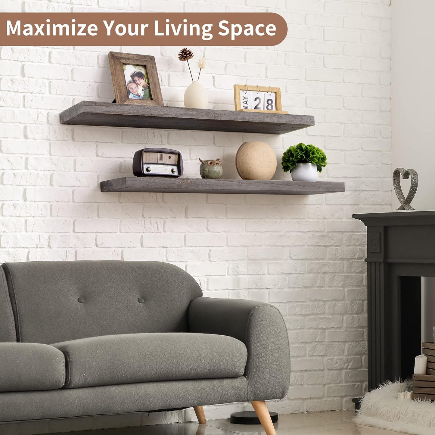 Axeman Floating Shelves for Wall, 8 Inch Deep Rustic Solid Elm Wood Wall Shelves for Storage, Wall Mounted Display Shelving with Invisible Heavy-Duty Metal Bracket, 36'' Width Set of 2, Grey