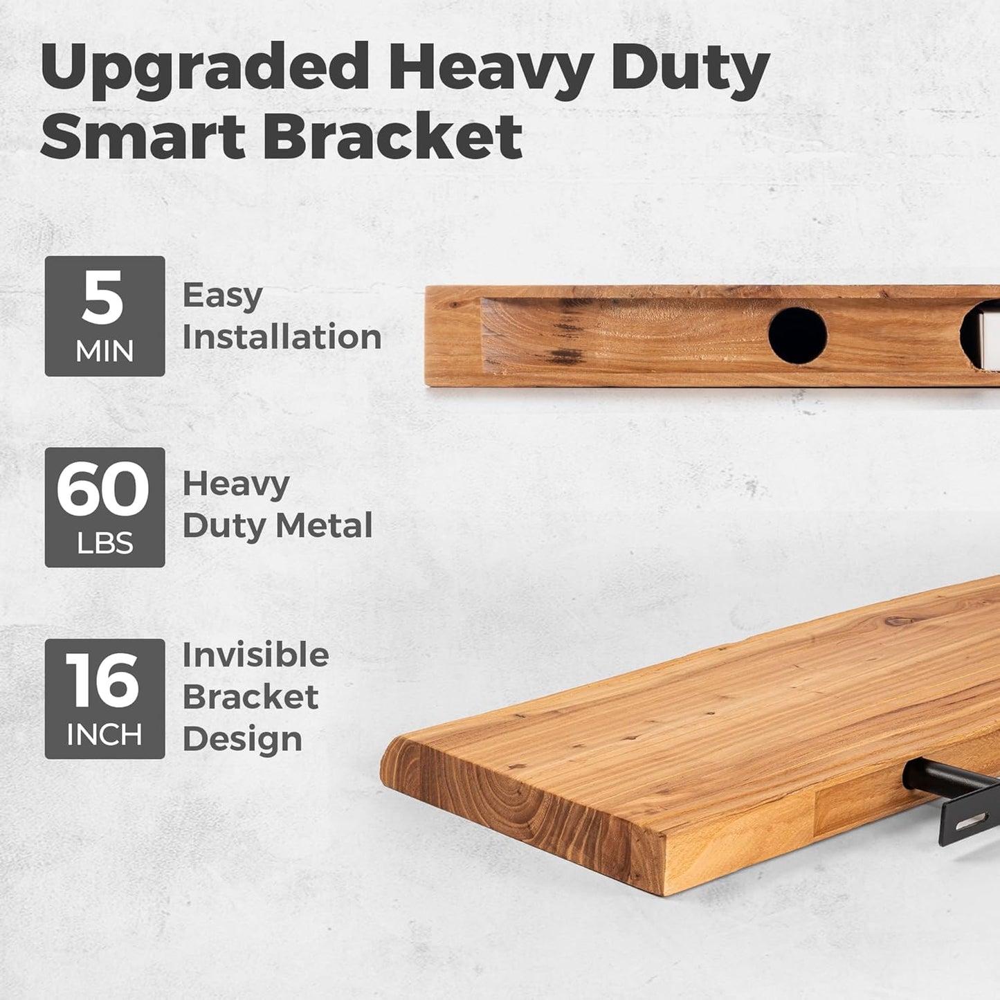 RICHFOCUS Live Edge Elm Floating Shelves - 48" W x 9.3" D Rustic Solid Wood Wall Shelves with Invisible Bracket, Wall-Mounted for Living Room, Bedroom, Kitchen Storage & Display, Set of 1, Natural