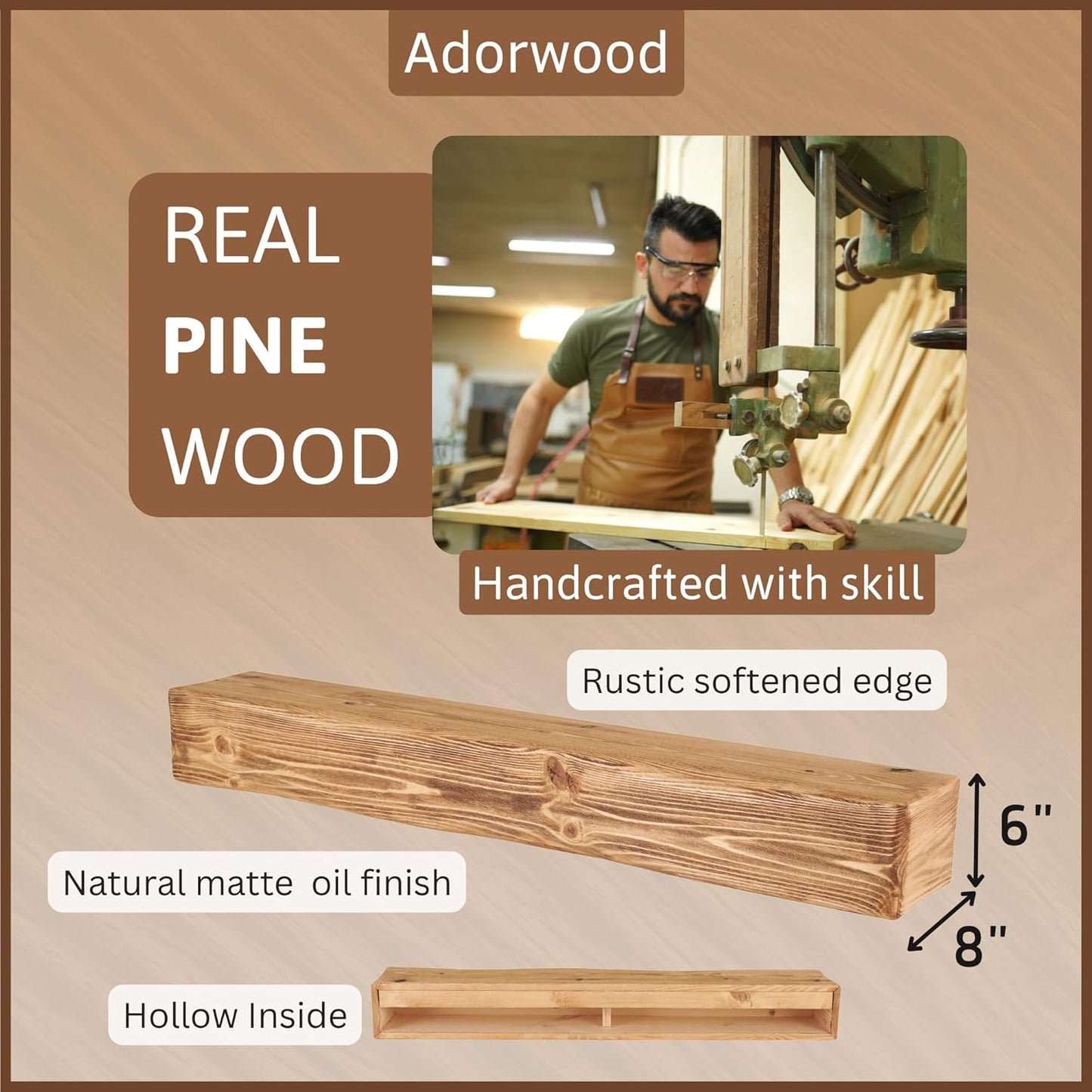 Handmade Fireplace Mantel Shelf 48", Extra Wide Rustic Wood Mantles for Over Fireplace, Wall Mounted Floating Mantel Shelves for Living Room Decor (Light Rustic, 48Lx6Hx8D)