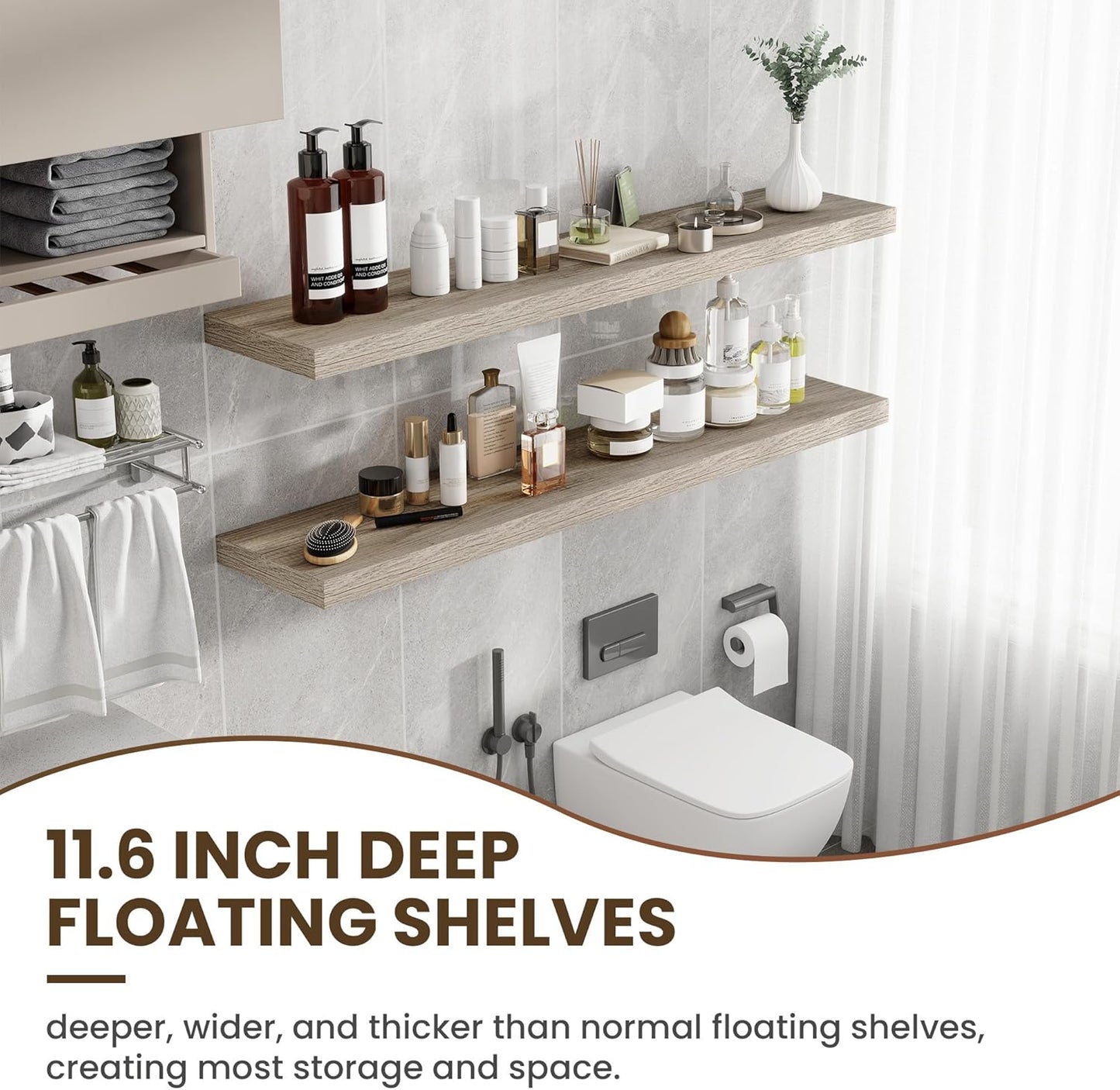 55 Inch Floating Shelves, 11.6 Inch Deep Floating Shelves for Wall, Floating Shelf with Invisible Brackets, Deep Shelves for Bathroom, Bedroom, Living Room, 1 Pack, Grey