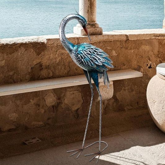 37 Inch Blue Heron Crane Statue, Metal Yard Art Outdoor Decoy, Garden Sculpture for Lawn/Pond Decoration, 1Pc, ORTBL-CR24053A-18
