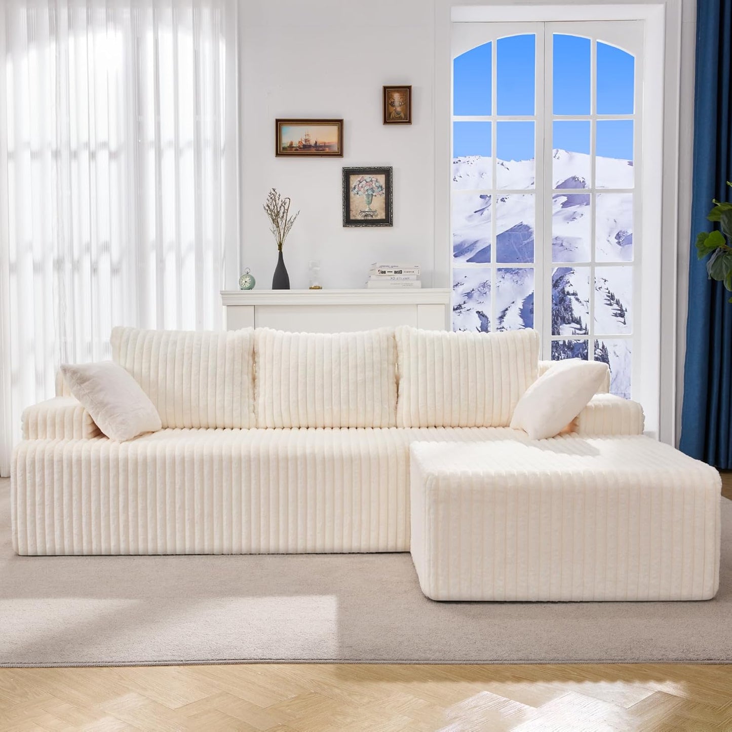 Hobestluk 96“ Modular Sectional Sofa Couches L-Shape Couch 3 Seat Modular Sofa Memory Foam Sectional Couches for Living Room, Cloud Couch with Oversized Chaise (White, Stripe (Right Facing Chaise))