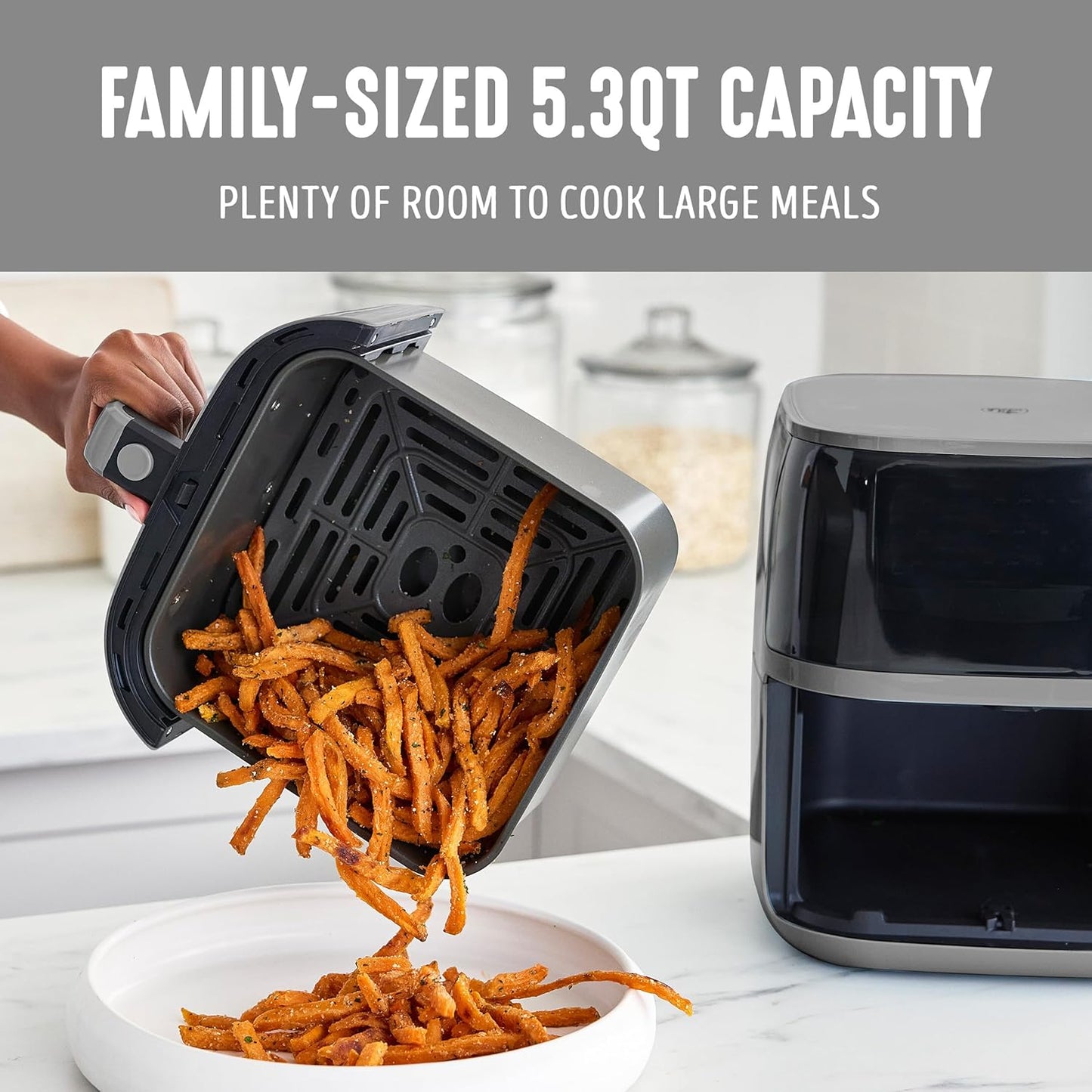 GreenLife Compact Electric Air Fryer Oven, 5.3 QT, PFAS-Free Ceramic Nonstick Drawer, 8 One Touch Digital Display, Easy View Window, Auto Shut-Off Timer, Dishwasher Safe Parts, 1500 Watts, Graphite