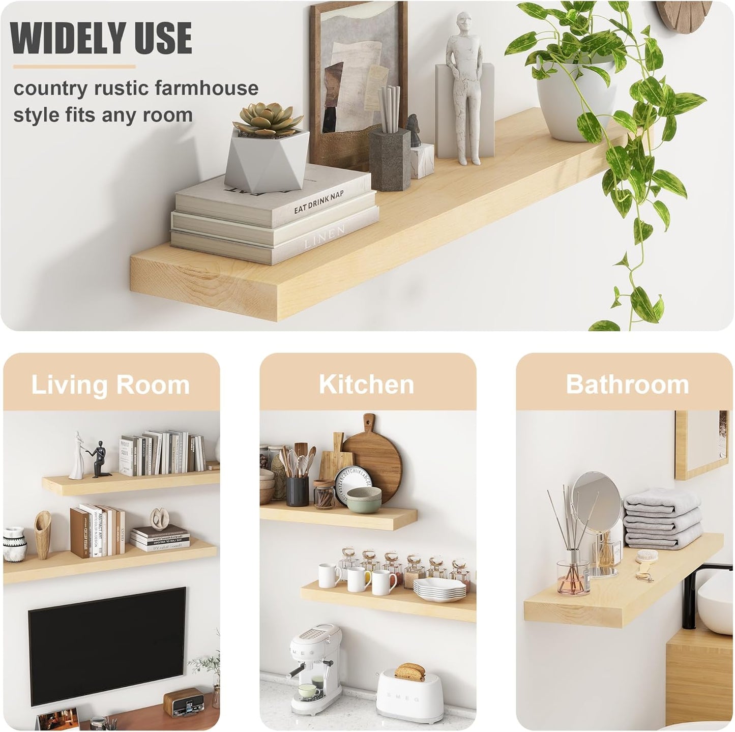 Floating Shelves for Wall, USA-Sourced Maple Wood 36 Inch Long Wall Shelves Set of 2, Natural Wooden Mounted Picture Ledge Shelf, Nursery Book Storage Shelf Kids Bookshelf, Display Shelf