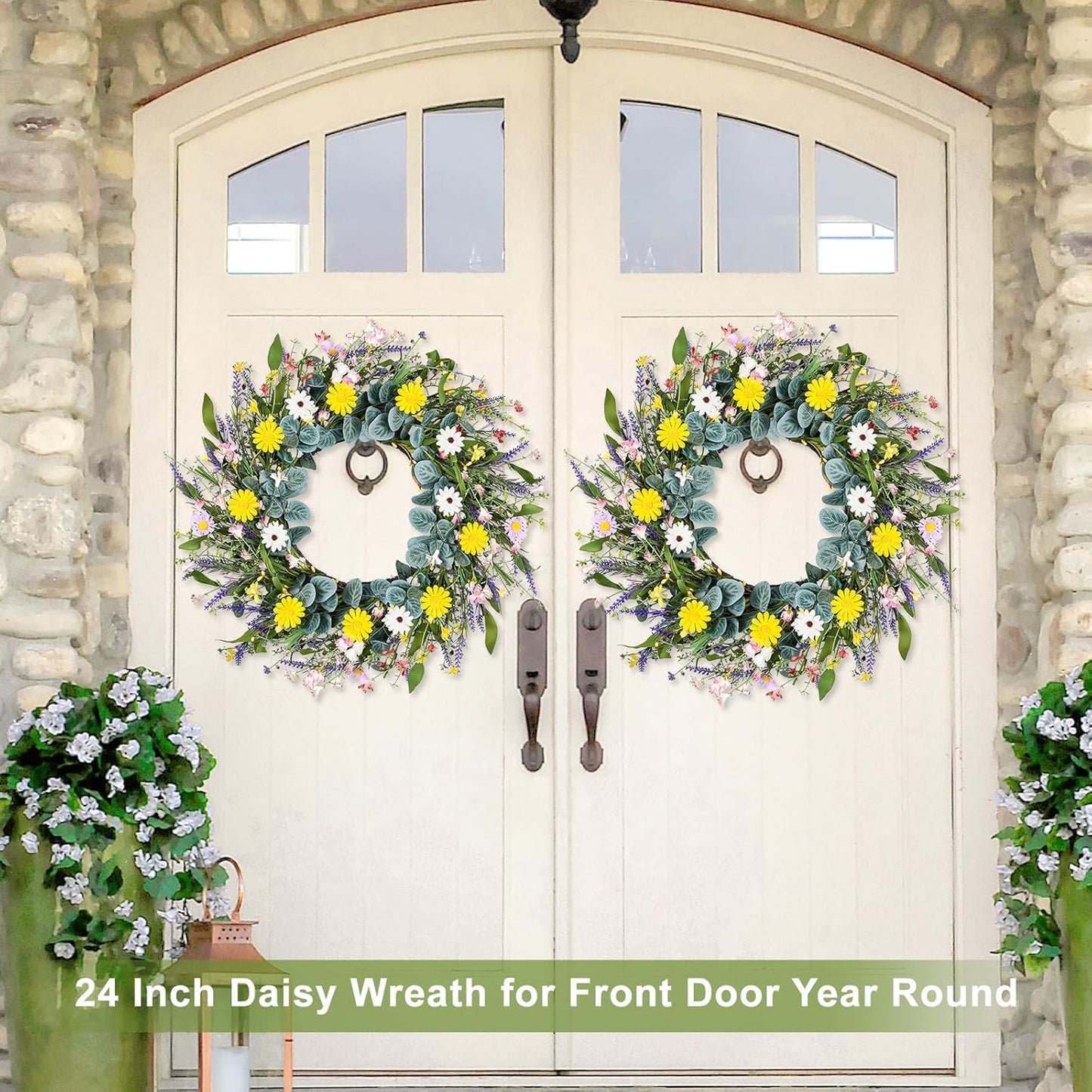 Artgar Spring Wreaths for Front Door, 24 Inch Daisy Wreath, Artificial Spring Summer Wreath with Eucalyptus Leaves Paper Flowers for Indoor Outdoor Home Door Window Wall Wedding Decor