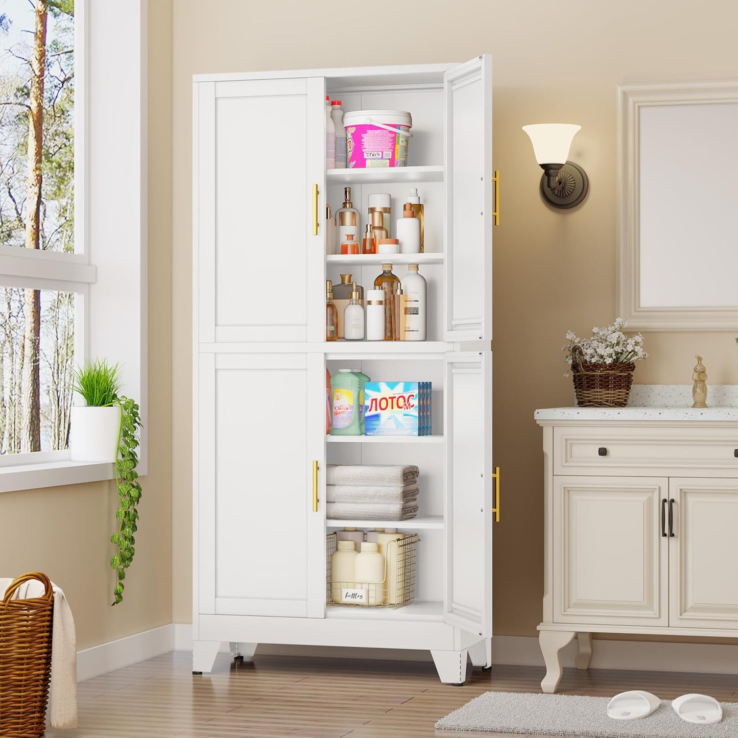 75.2" Tall Metal Pantry Cabinet, Kitchen Pantry Storage Cabinets with 4 Door and 4 Adjustable Shelves, White Storage Cabinet, Freestanding Cupboard for Kitchen Dining Room Living Room Bathroom