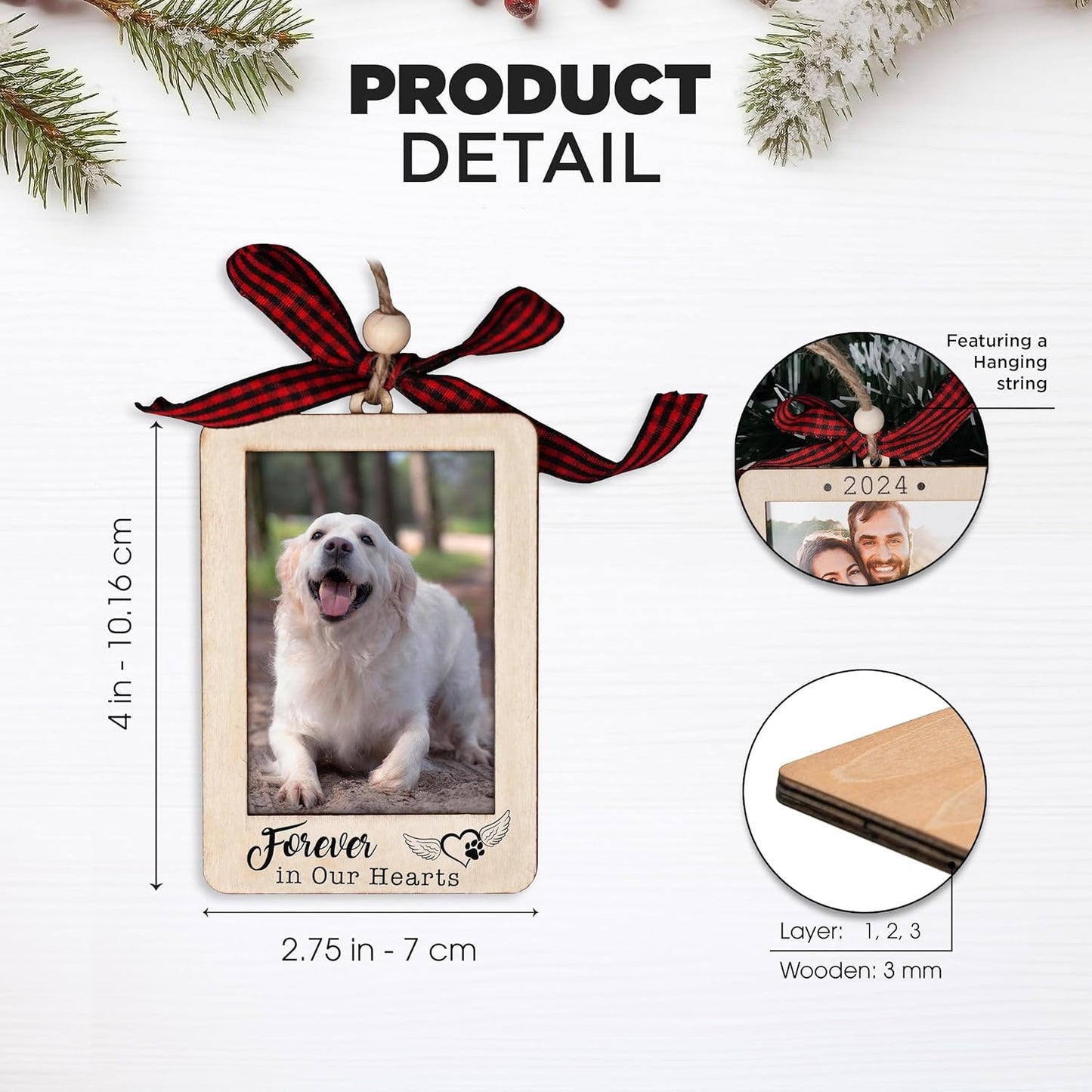 Christmas Photo Frame Ornament, 2025 Ornament, Wooden Picture Frame Ornaments With Hanging String (Pet)