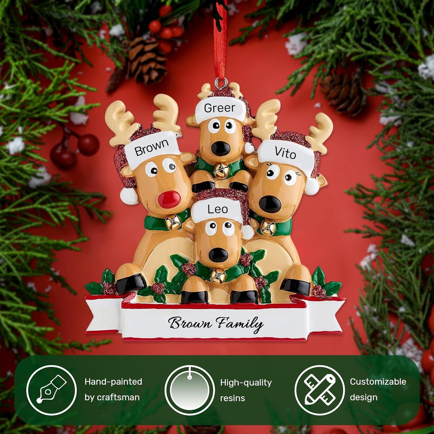 Personalized Christmas Ornaments 2025, Custom Reindeer Family Ornaments for Trees with Names, Handcrafted Christmas Deer Decorations for 2-8 Members, Meaningful Xmas Family of 4