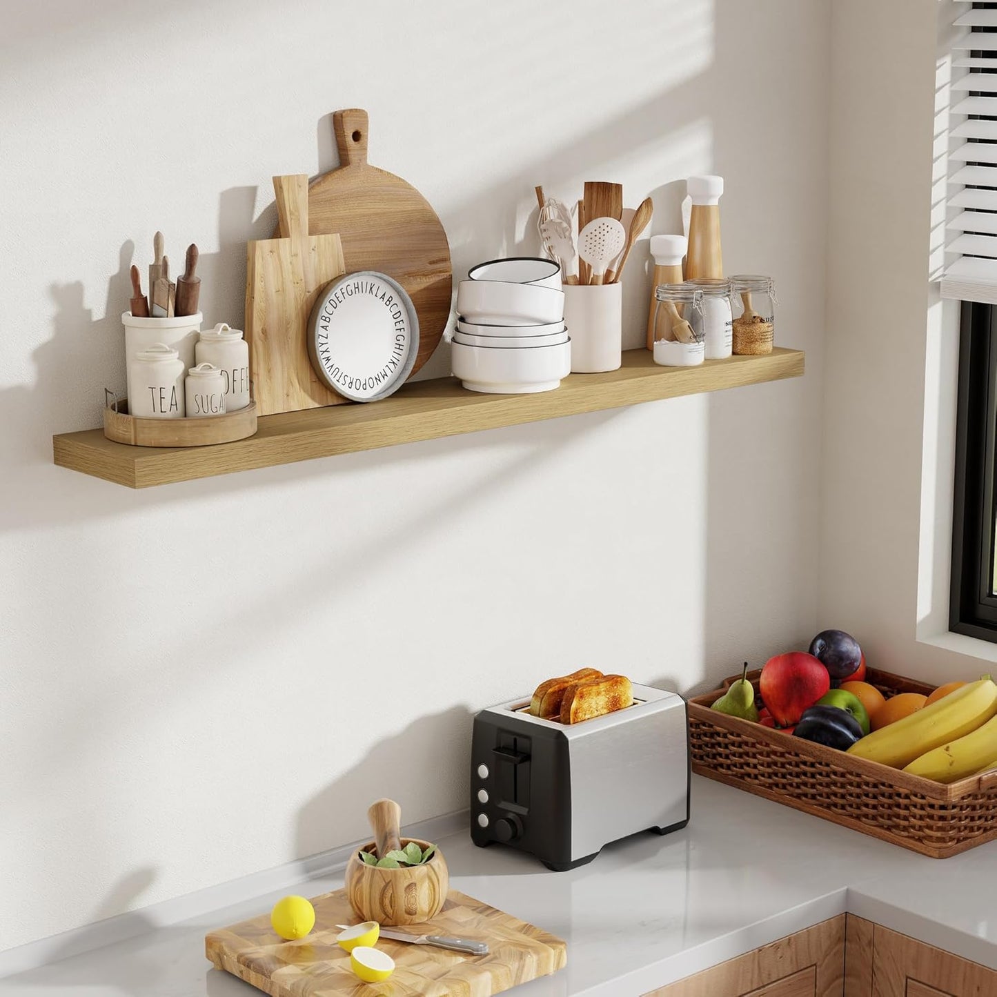 48 Inch Floating Shelves, 8 Inch Deep Floating Shelves for Wall, Hanging Shelf with Invisible Brackets, Deep Shelves for Bathroom, Bedroom, Living Room, Oak, Set of 1